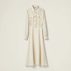 Ivory/black Long Crepe De Chine Dress | Miu Miu