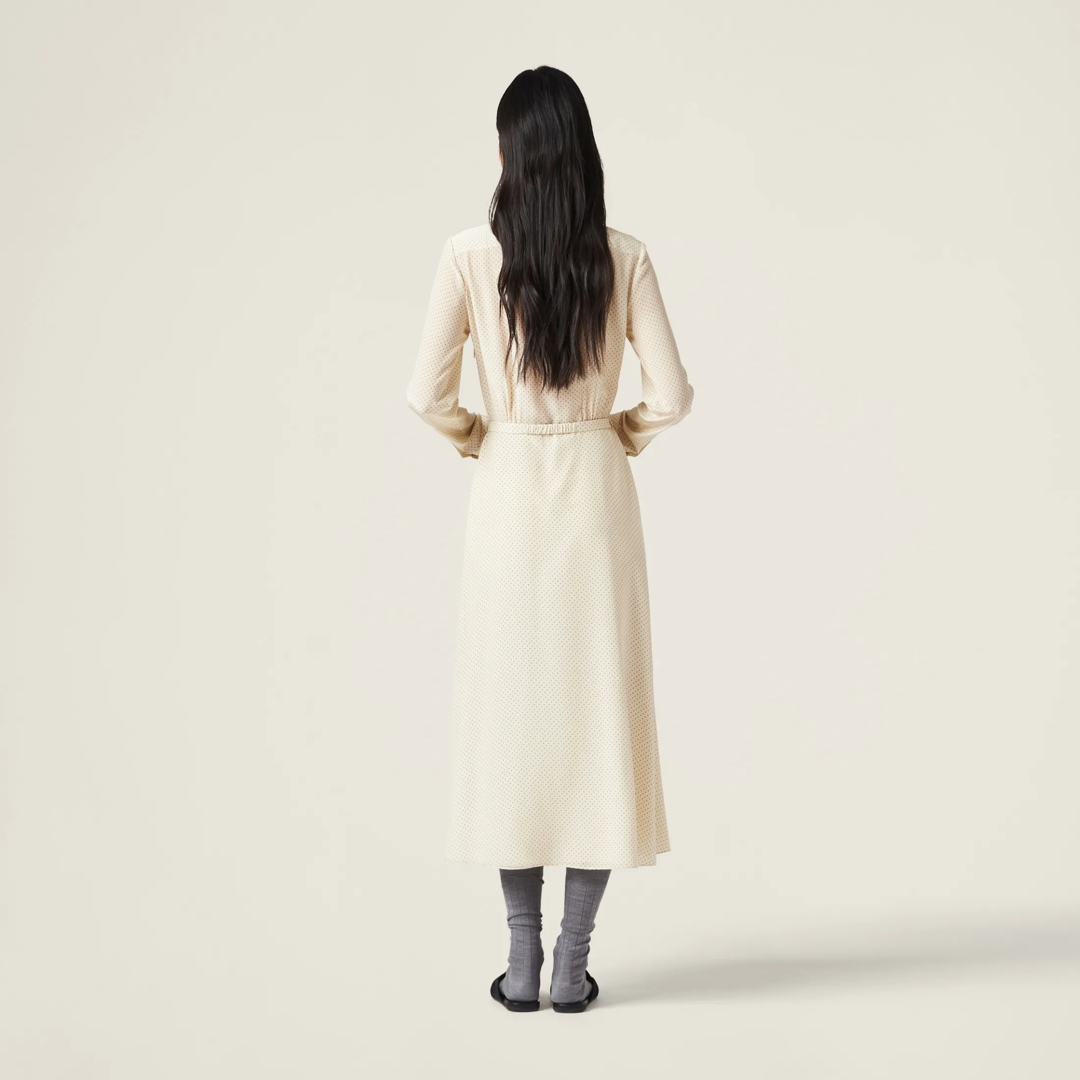 Ivory/black Long Crepe De Chine Dress | Miu Miu