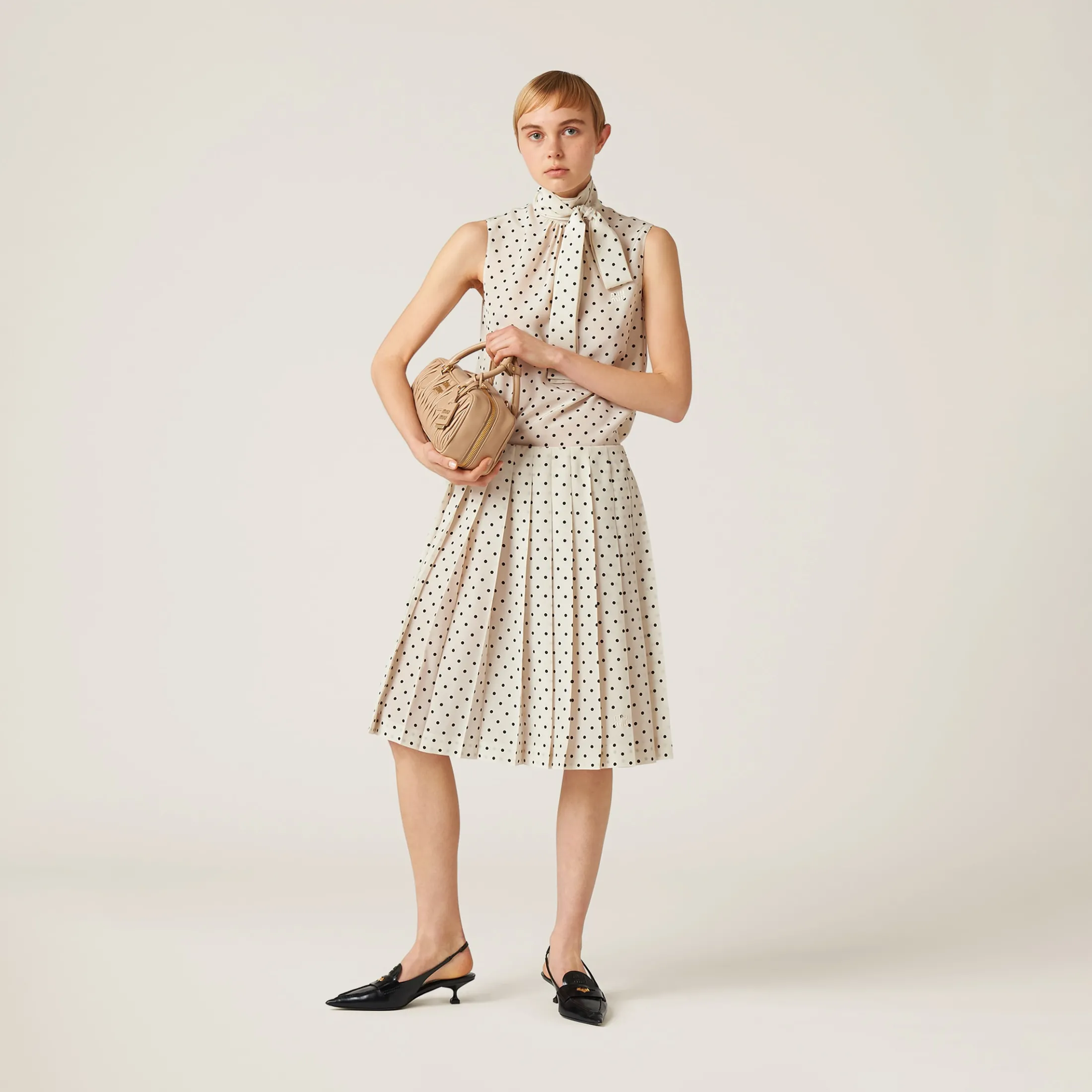 Ivory/black Polka-dot Crepe De Chine Skirt | Miu Miu