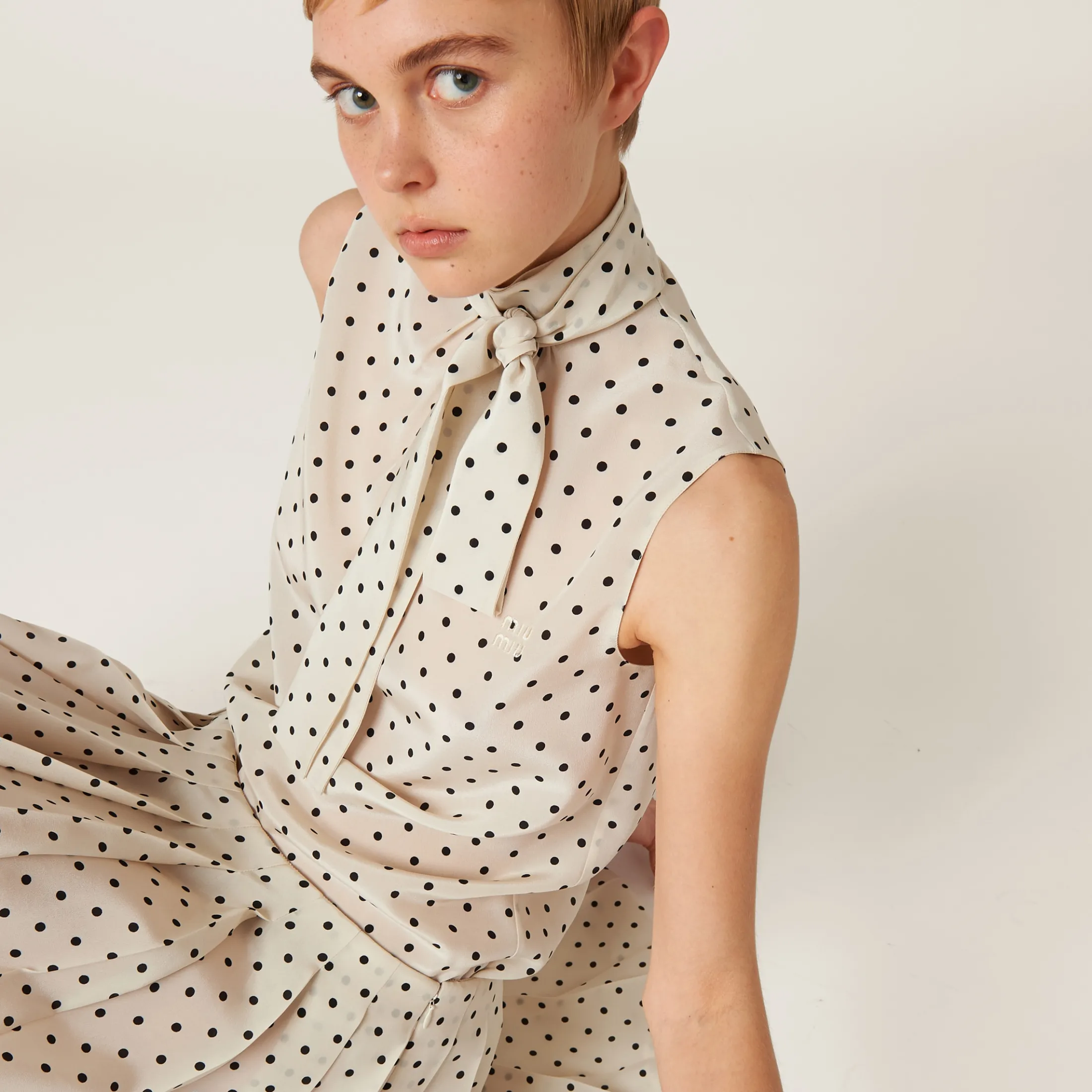 Ivory/black Polka-dot Crepe De Chine Top | Miu Miu