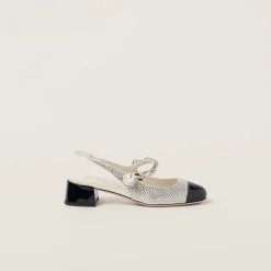 Ivory/black Satin And Crystal Slingback Pumps | Miu Miu