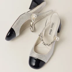 Ivory/black Satin And Crystal Slingback Pumps | Miu Miu