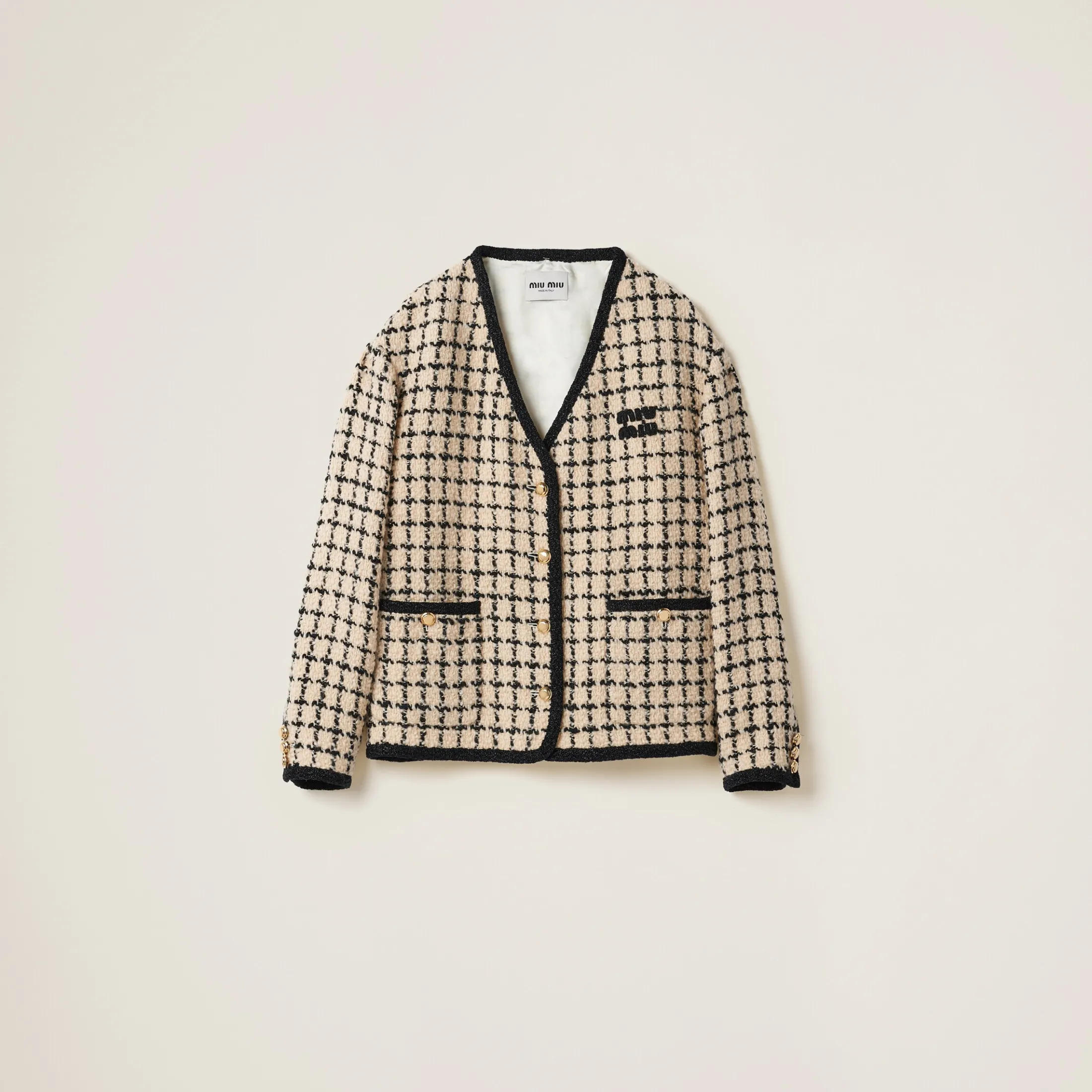 Ivory/black Single-breasted Check Lamé Jacket | Miu Miu
