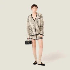 Ivory/black Single-breasted Check Lamé Jacket | Miu Miu