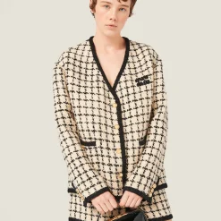Ivory/black Single-breasted Check Lamé Jacket | Miu Miu