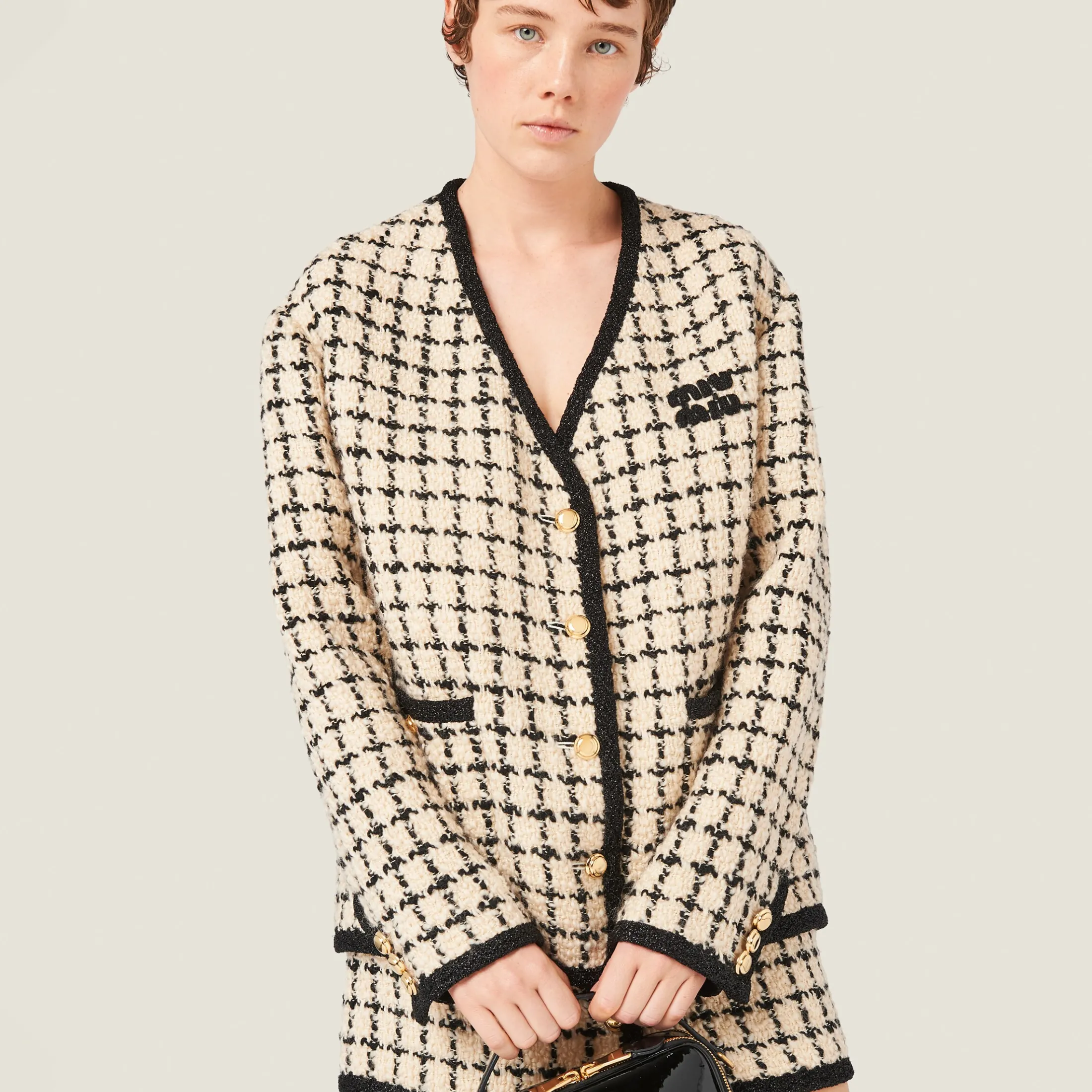 Ivory/black Single-breasted Check Lamé Jacket | Miu Miu