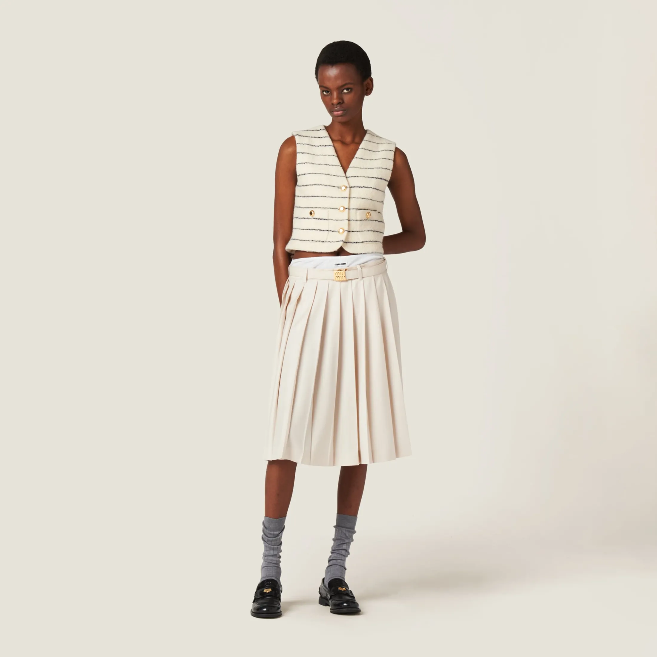 Ivory/blue Single-breasted Bouclé Vest | Miu Miu