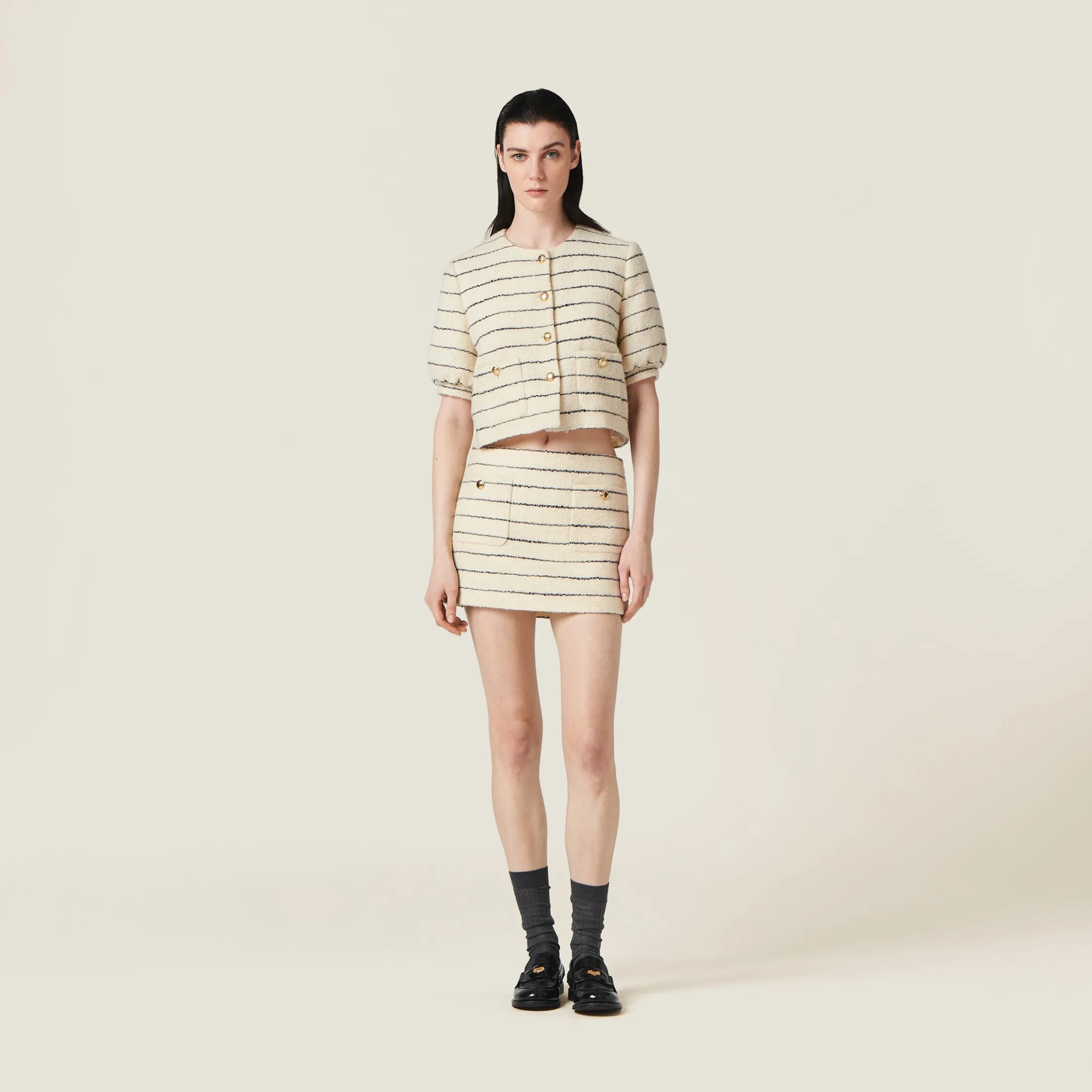 Ivory/blue Single-breasted Bouclé Jacket | Miu Miu