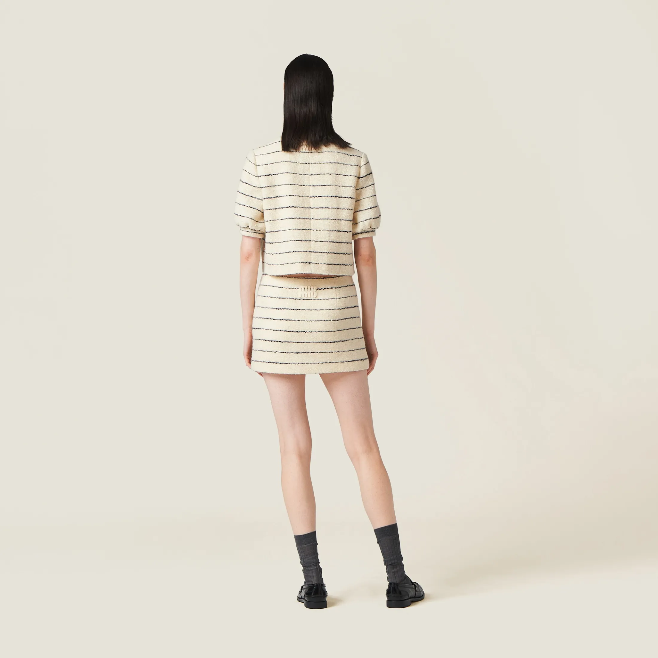 Ivory/blue Single-breasted Bouclé Jacket | Miu Miu