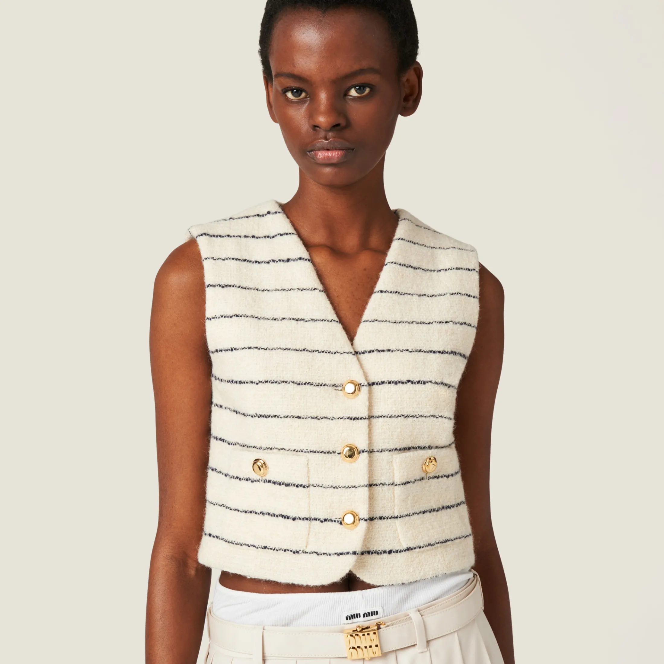 Ivory/blue Single-breasted Bouclé Vest | Miu Miu