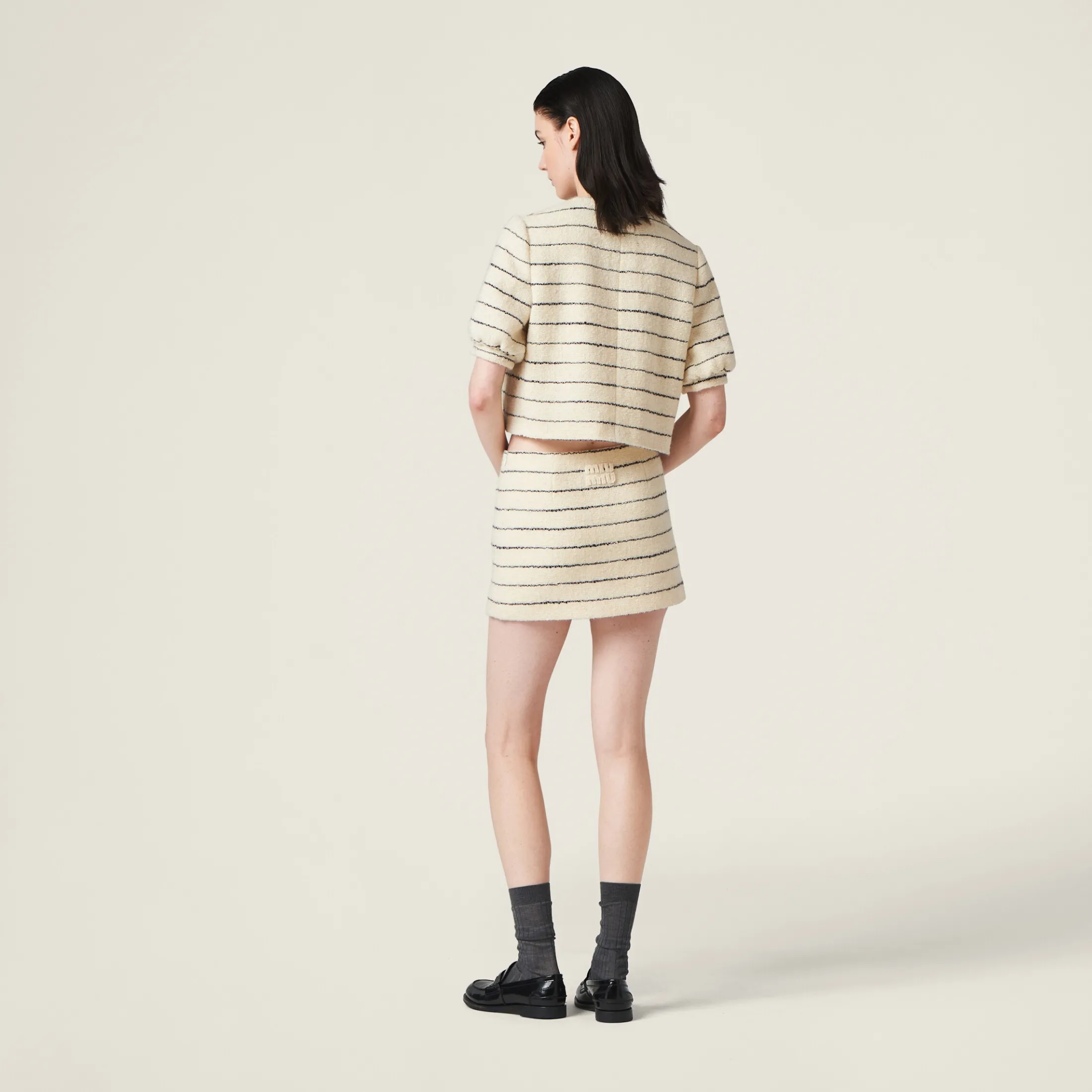 Ivory/blue Striped Bouclé Miniskirt | Miu Miu