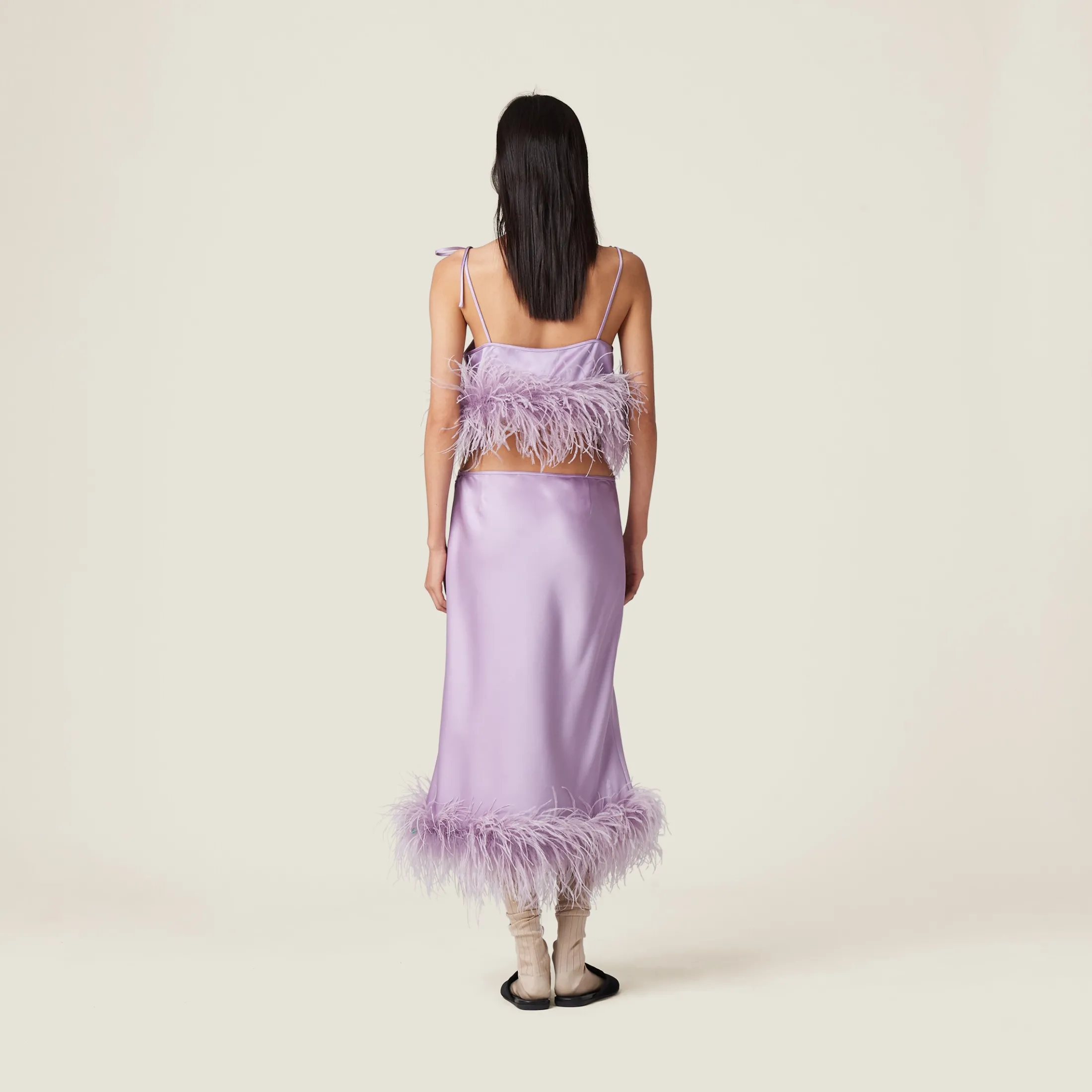 Lilac Feather-trimmed Satin Top | Miu Miu