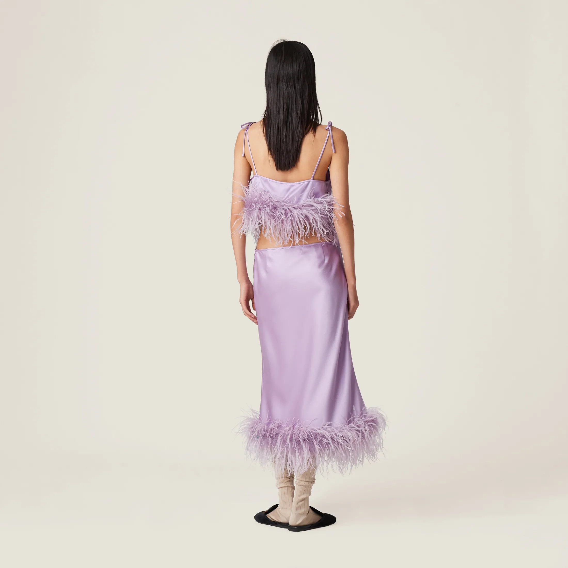 Lilac Feather-trimmed Satin Skirt | Miu Miu