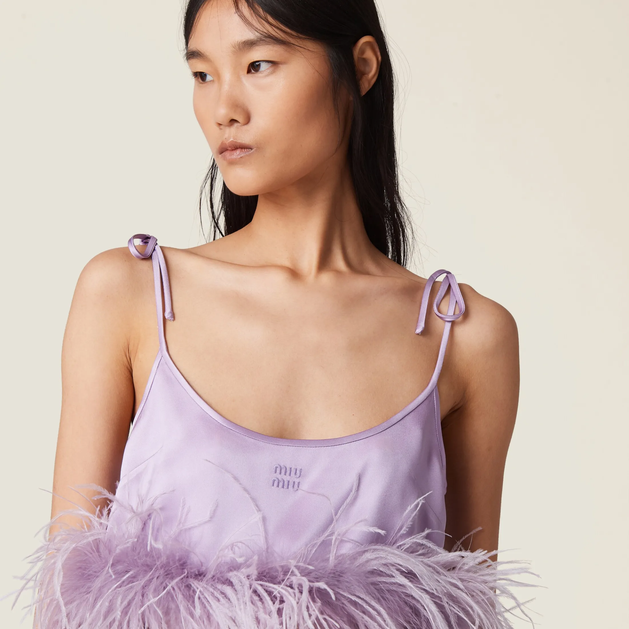 Lilac Feather-trimmed Satin Top | Miu Miu