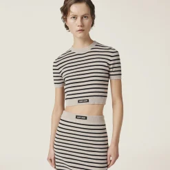 Limestone/black Cotton Crew-neck Sweater | Miu Miu