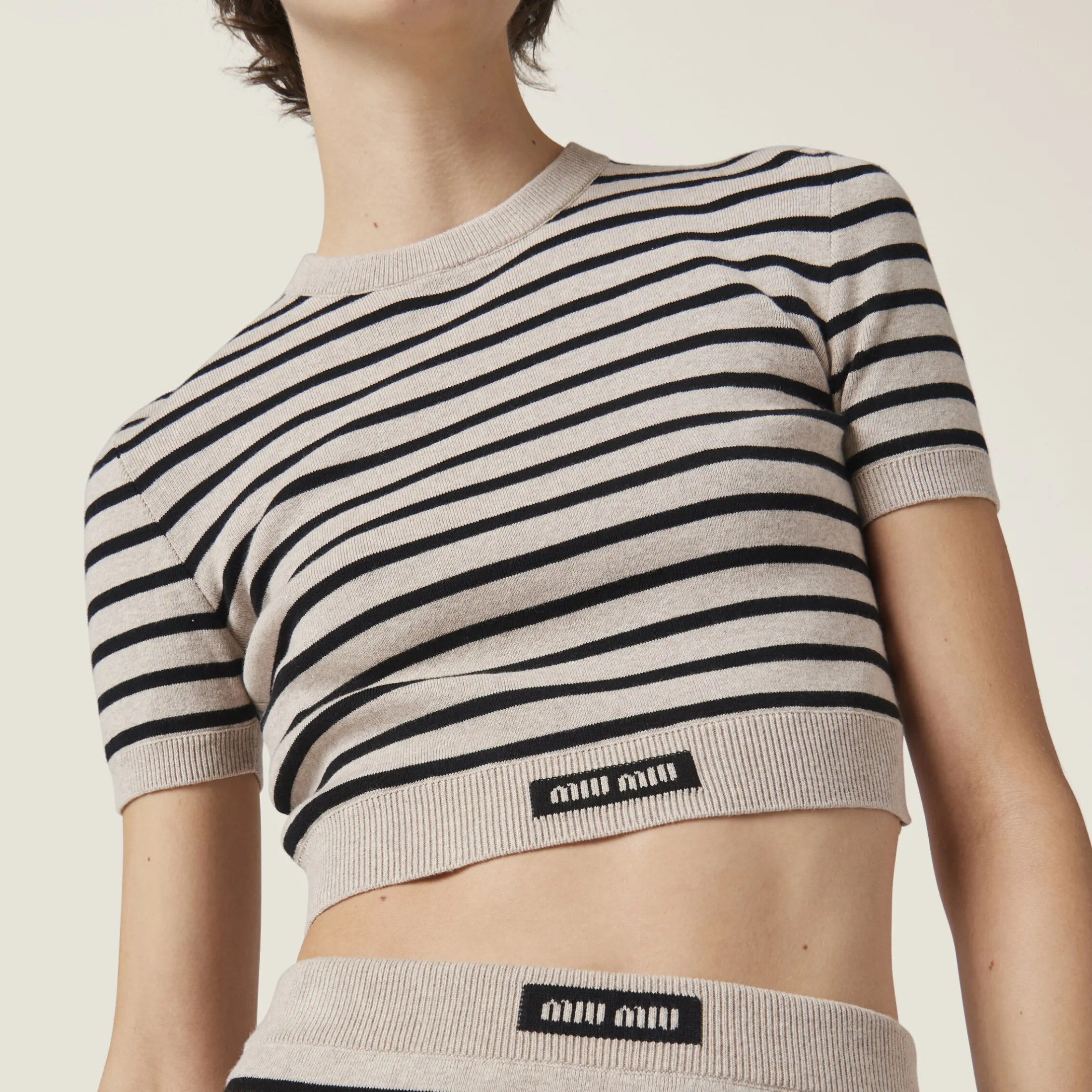 Limestone/black Cotton Crew-neck Sweater | Miu Miu