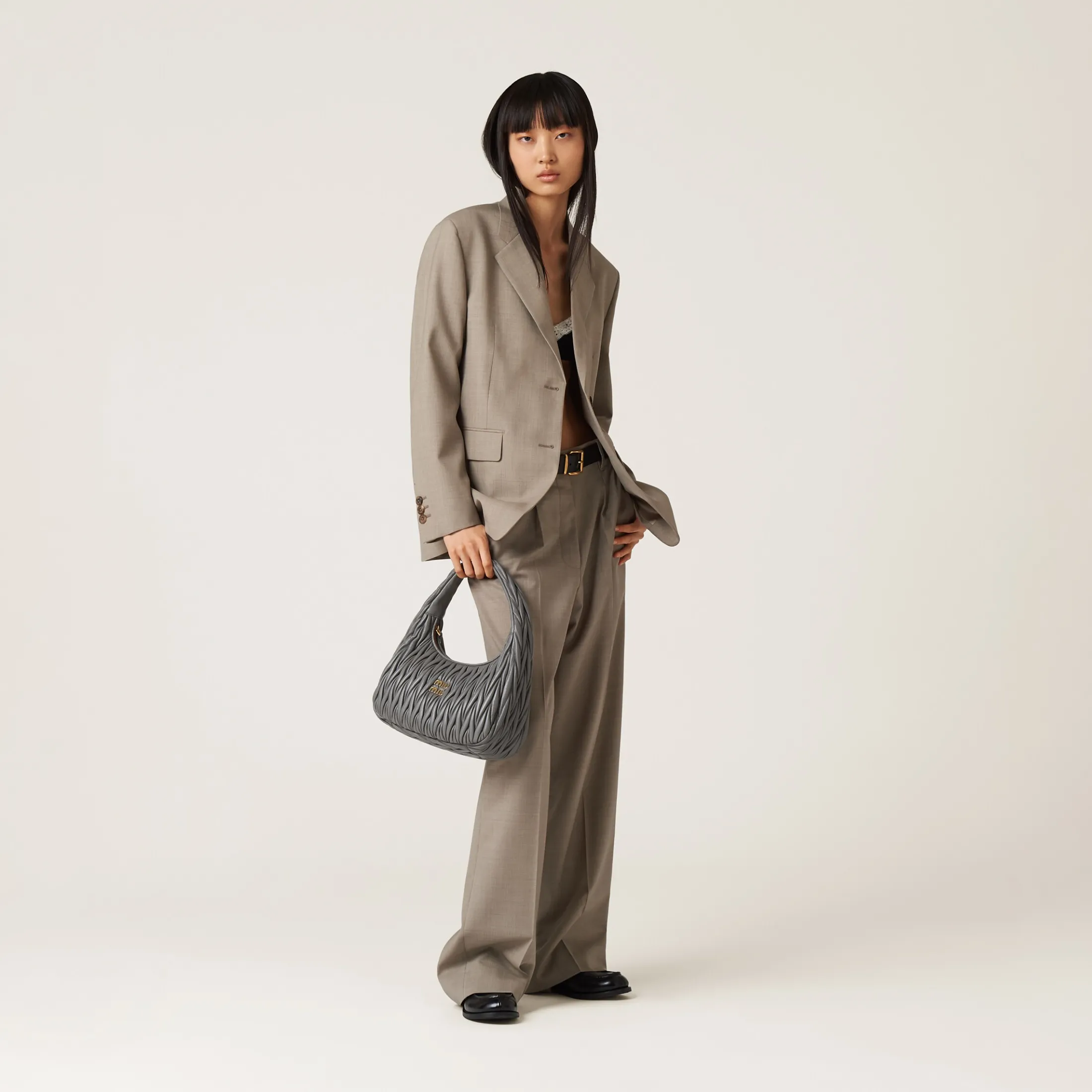 Marble Gray Wander Matelassé Nappa Leather Hobo Bag | Miu Miu