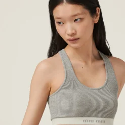 Marble Gray/tan Cotton Knit Top | Miu Miu