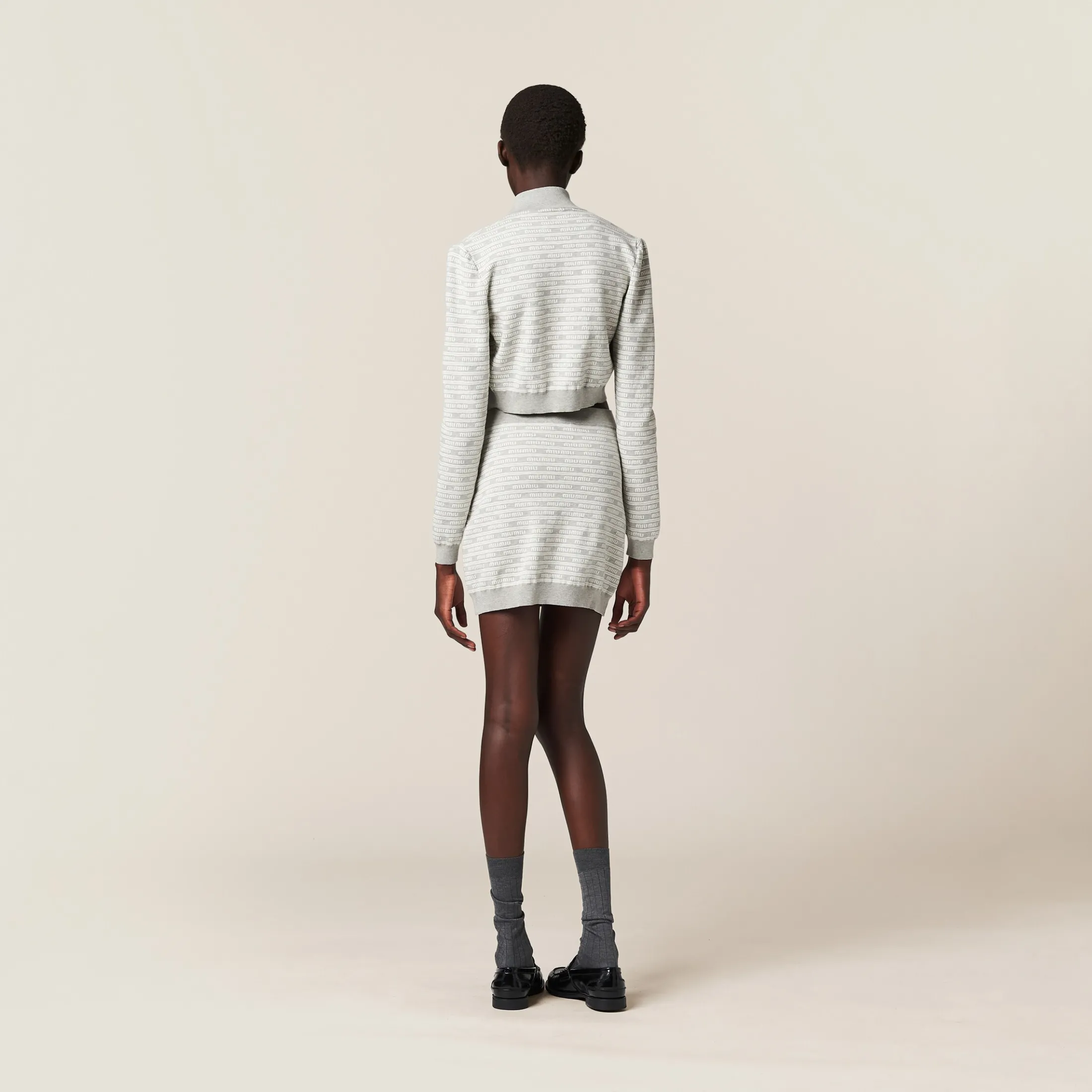 Marble Gray/tan Cotton Knit Cardigan | Miu Miu