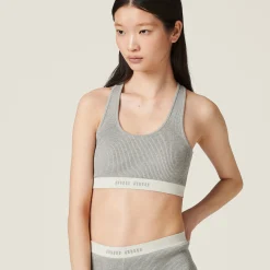 Marble Gray/tan Cotton Knit Top | Miu Miu