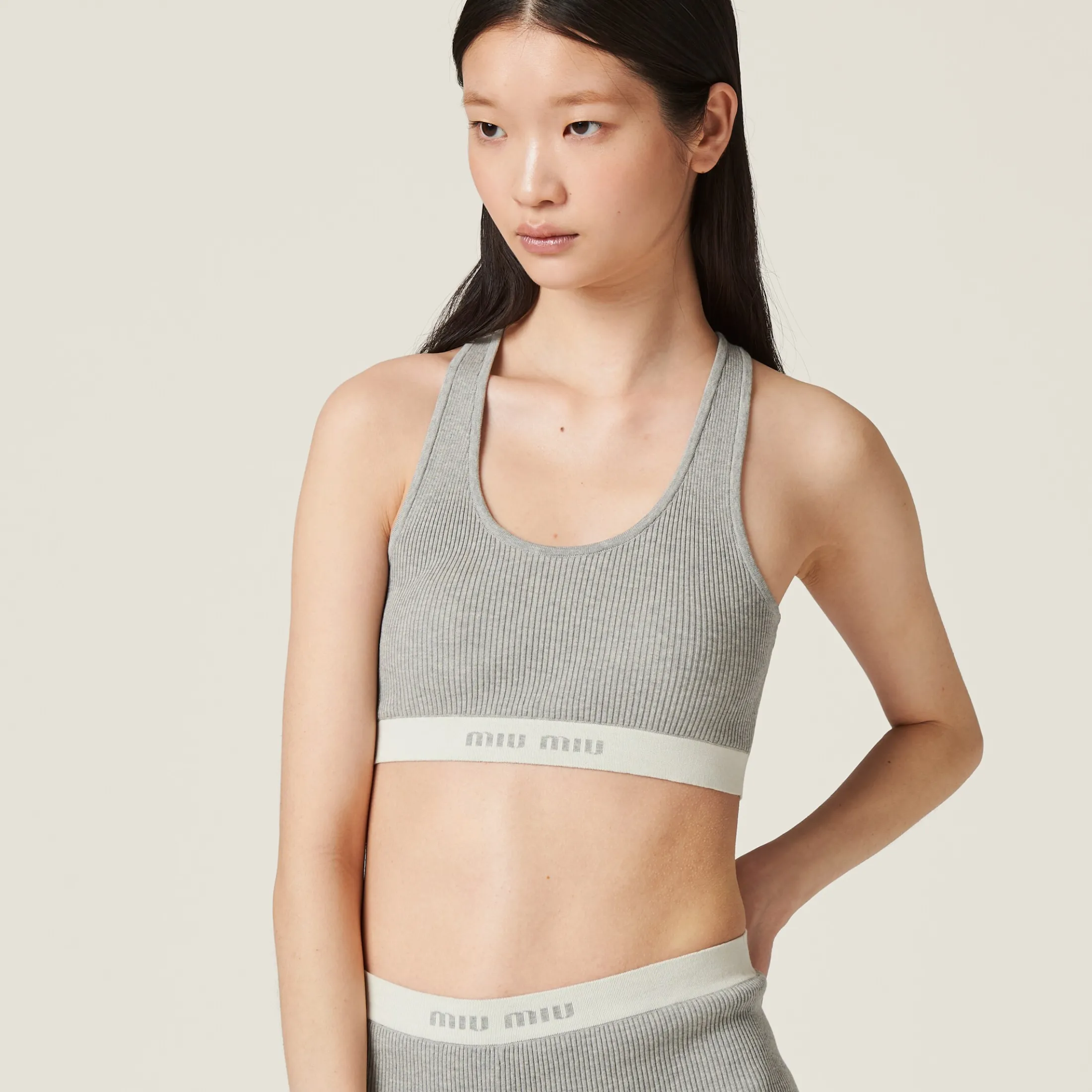 Marble Gray/tan Cotton Knit Top | Miu Miu