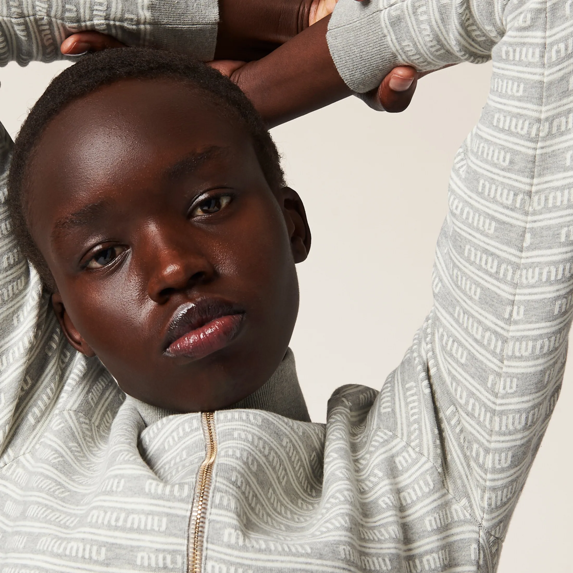 Marble Gray/tan Cotton Knit Cardigan | Miu Miu