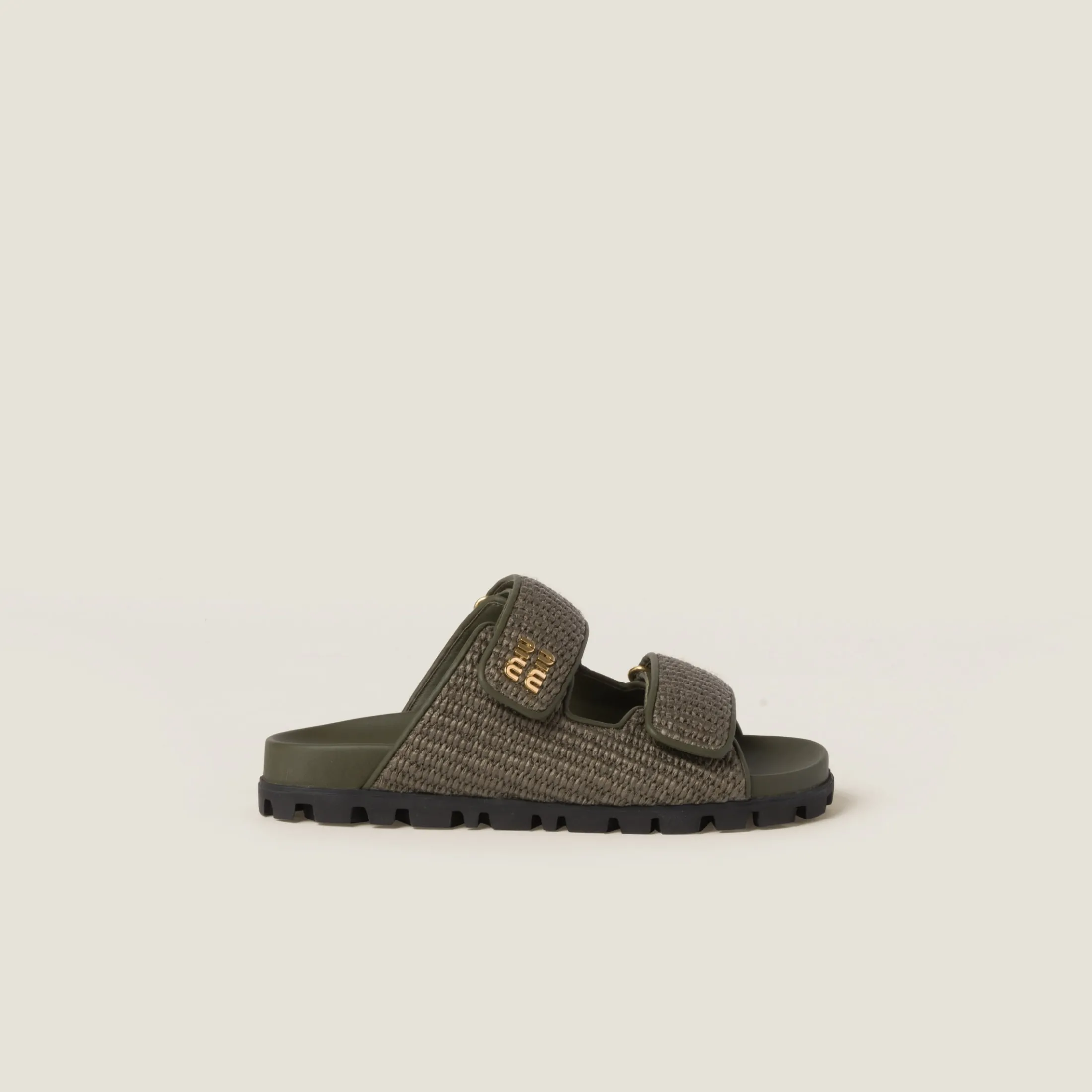 Military Green Raffia-effect Woven Fabric Slides | Miu Miu