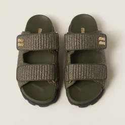 Military Green Raffia-effect Woven Fabric Slides | Miu Miu