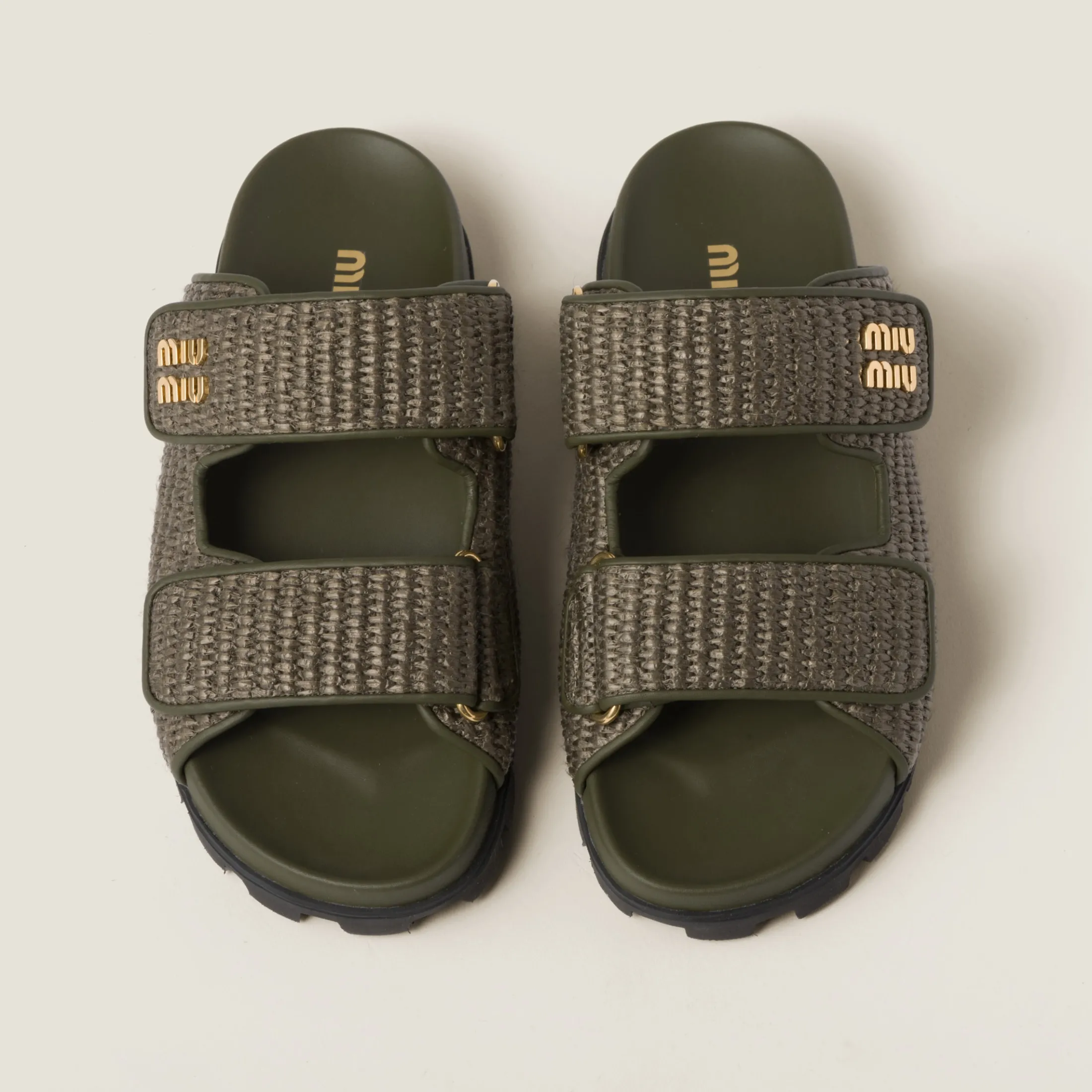 Military Green Raffia-effect Woven Fabric Slides | Miu Miu