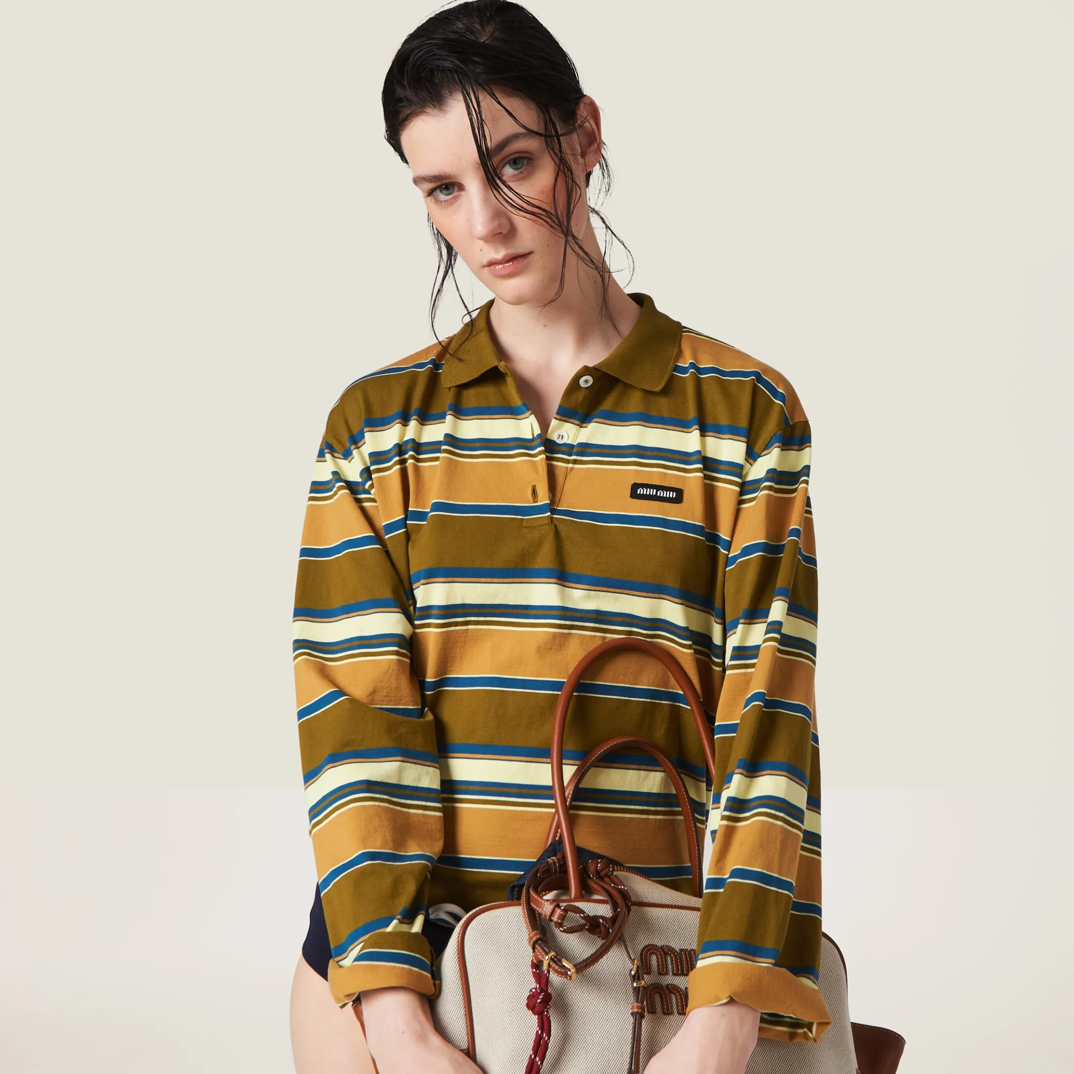 Mustard/cream/blue Cotton Jersey Polo Shirt | Miu Miu