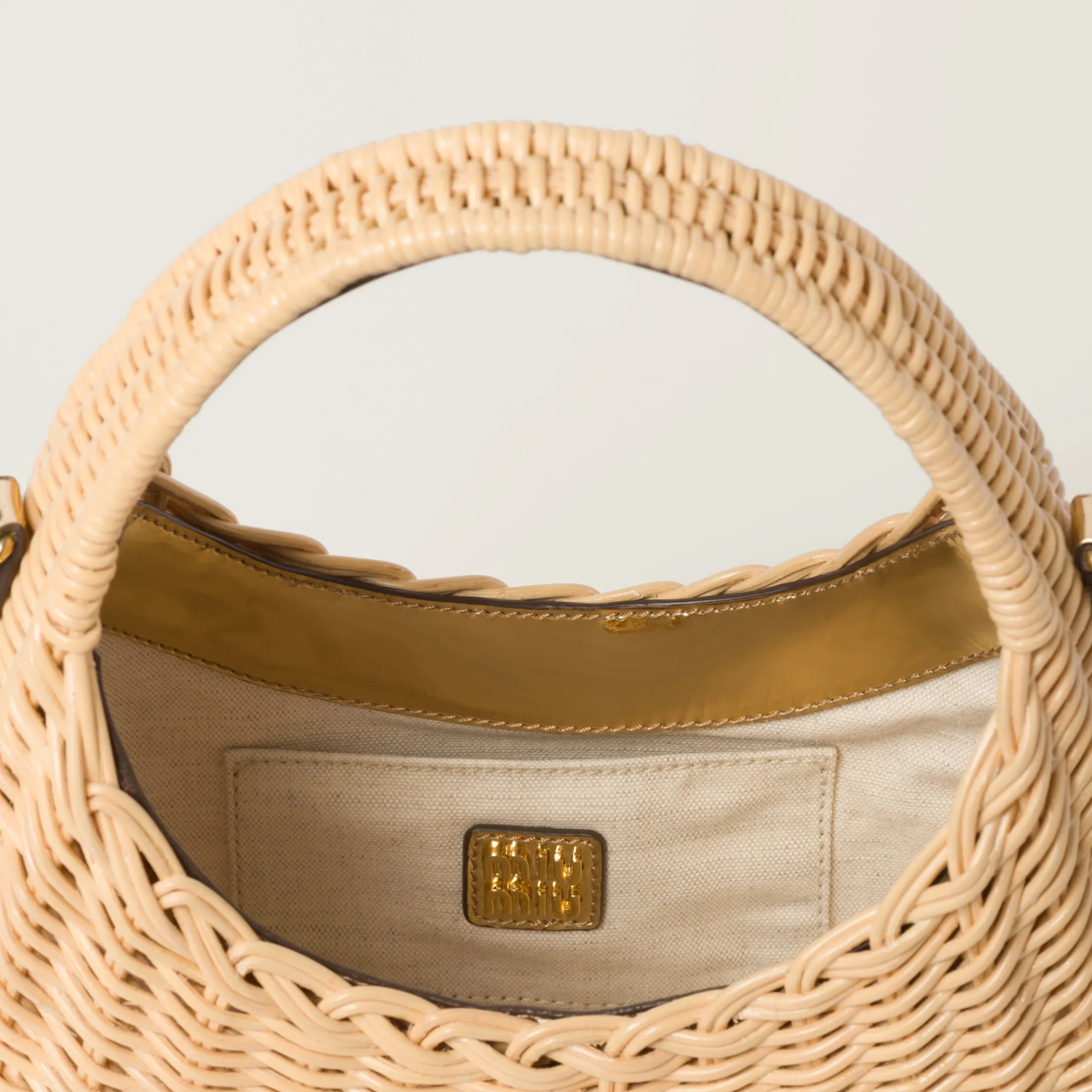 Natural / Platinum Wander Woven Raffia-effect Yarn Hobo Bag With Leather Details | Miu Miu