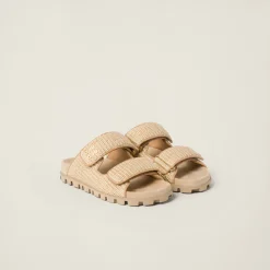 Natural Raffia-effect Woven Fabric Slides | Miu Miu