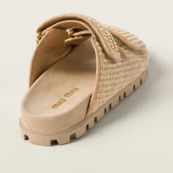 Natural Raffia-effect Woven Fabric Slides | Miu Miu