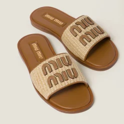 Natural Raffia-effect Woven Fabric Slides | Miu Miu