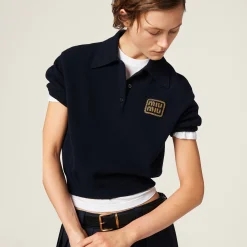 Navy Cashmere Knit Polo Shirt | Miu Miu