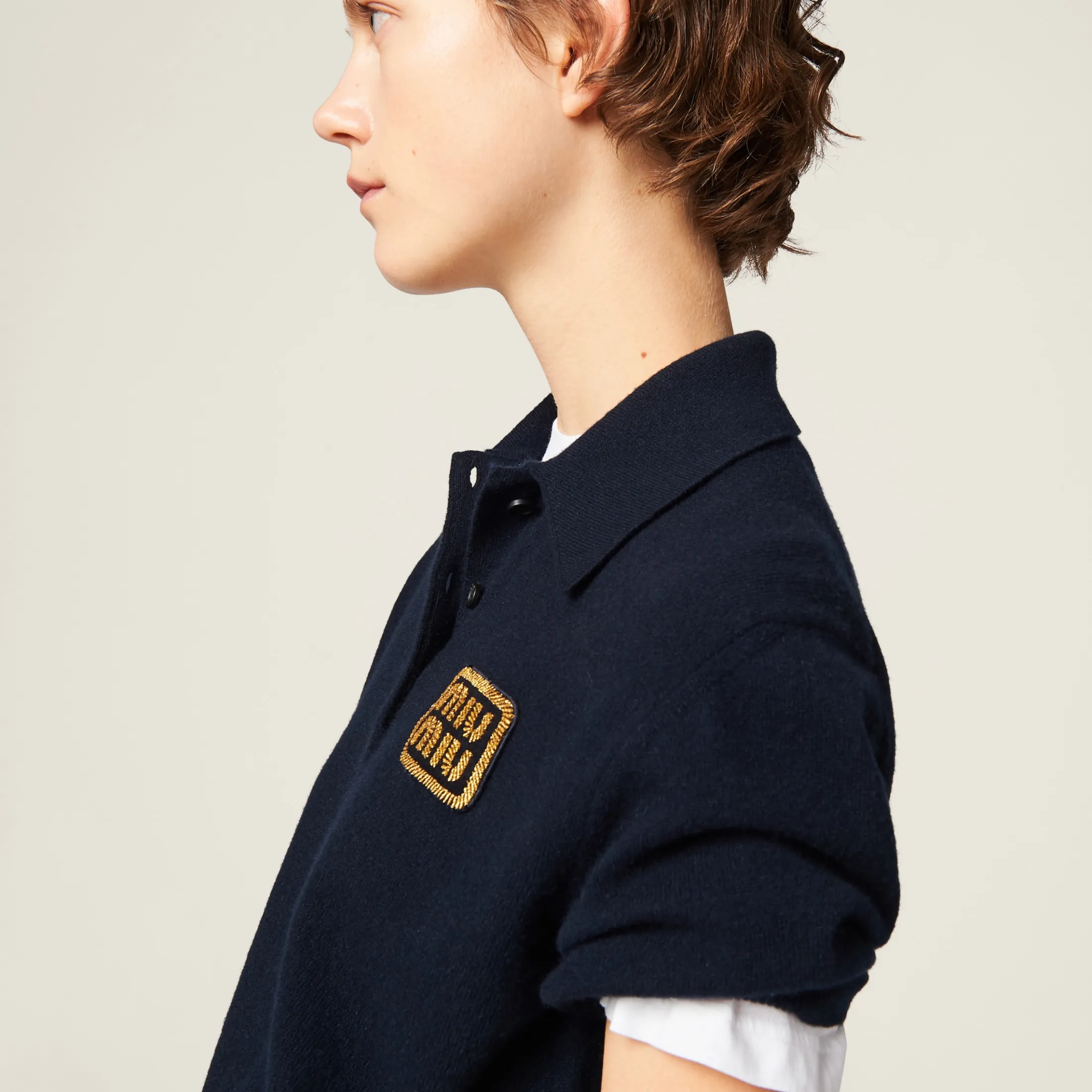 Navy Cashmere Knit Polo Shirt | Miu Miu
