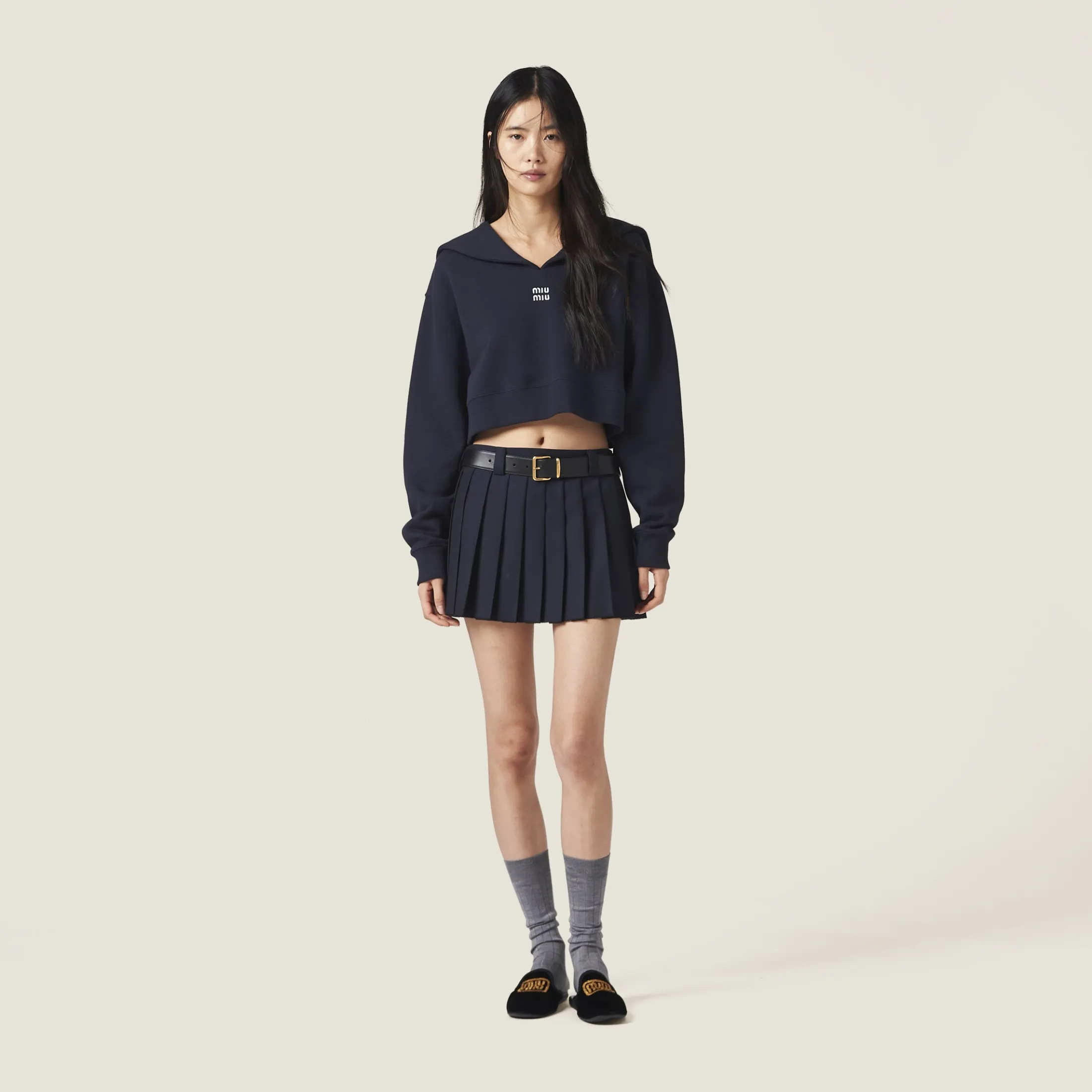 Navy Cotton Fleece Sweatshirt With Embroidered Logo | Miu Miu
