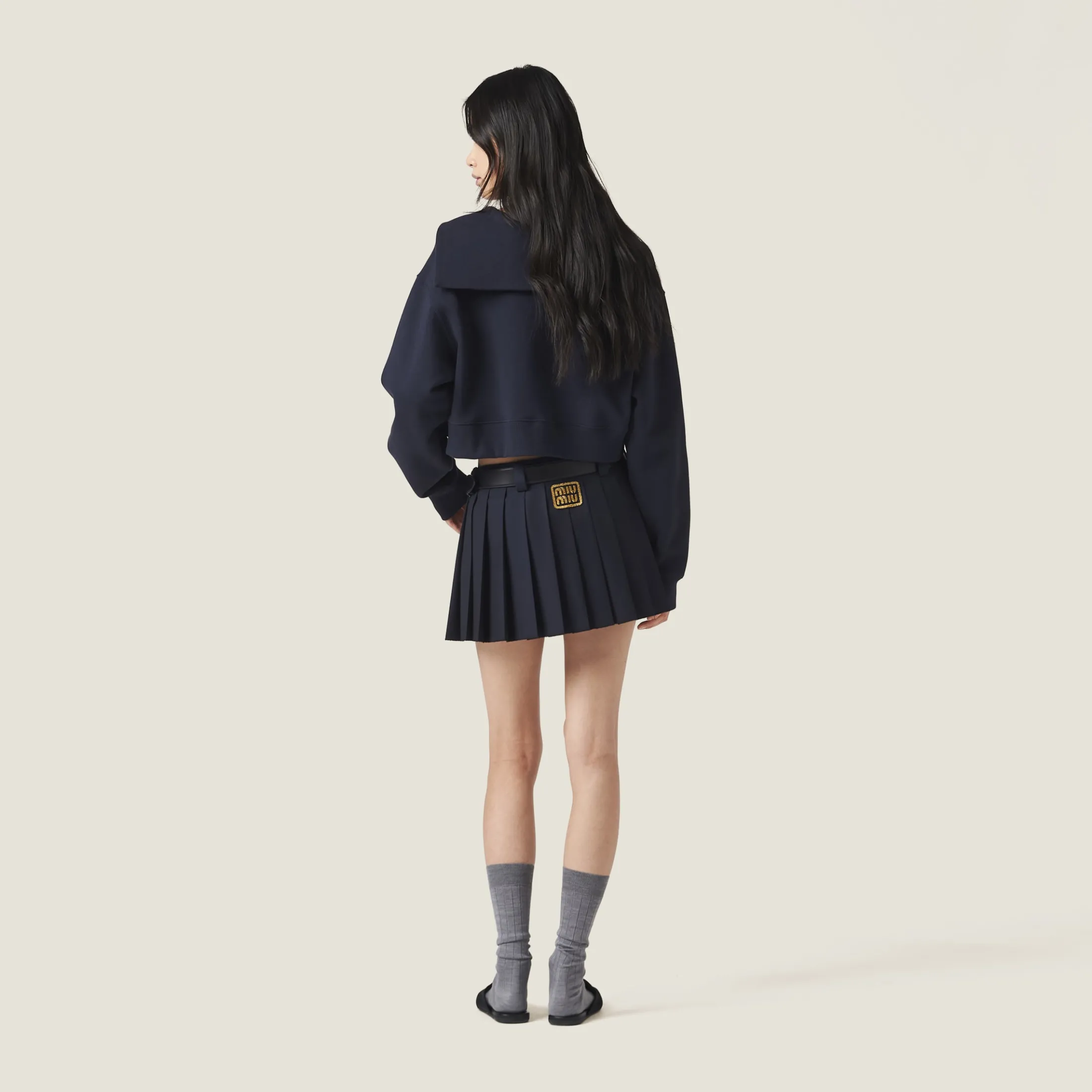 Navy Cotton Fleece Sweatshirt With Embroidered Logo | Miu Miu