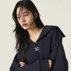 Navy Cotton Fleece Sweatshirt With Embroidered Logo | Miu Miu