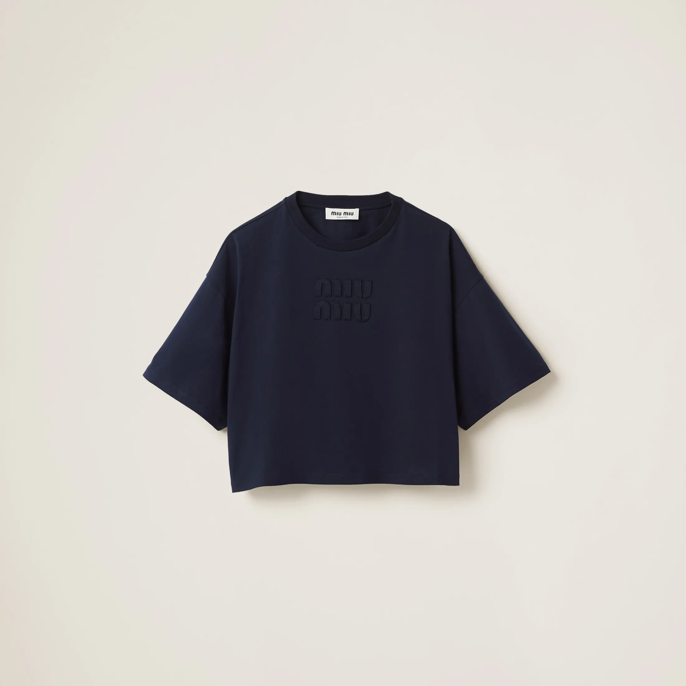 Navy Cotton Jersey T-shirt With Embroidered Logo | Miu Miu