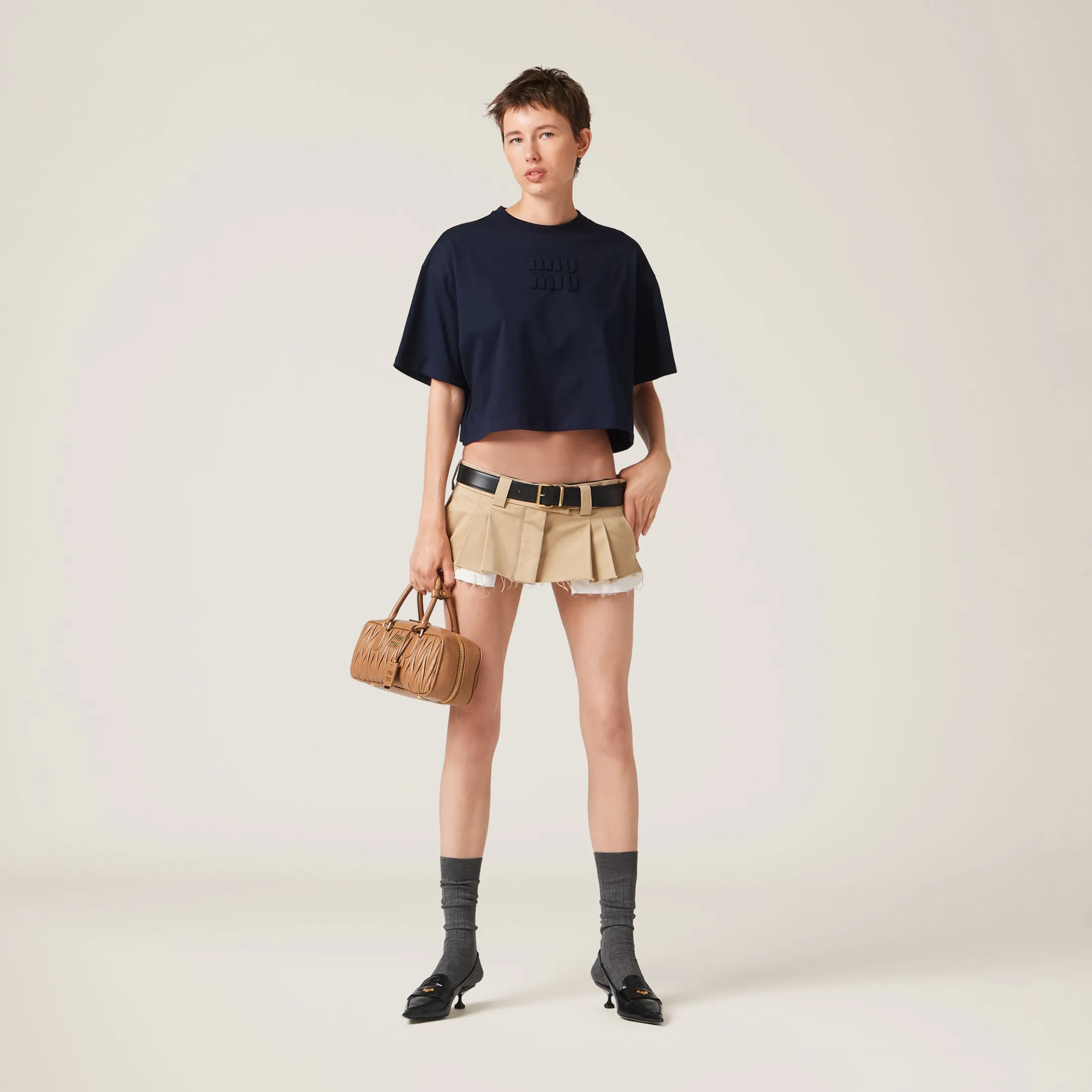 Navy Cotton Jersey T-shirt With Embroidered Logo | Miu Miu