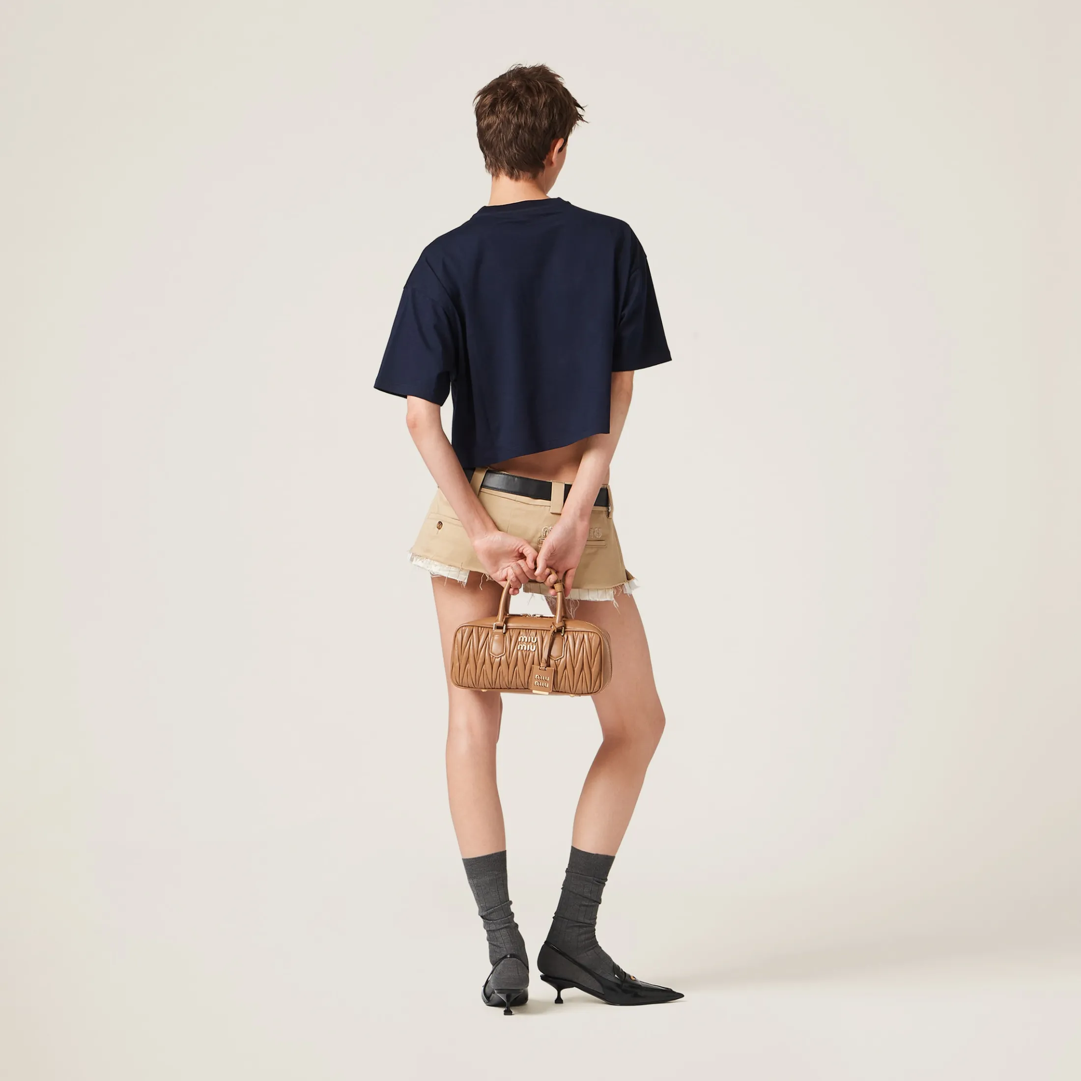 Navy Cotton Jersey T-shirt With Embroidered Logo | Miu Miu