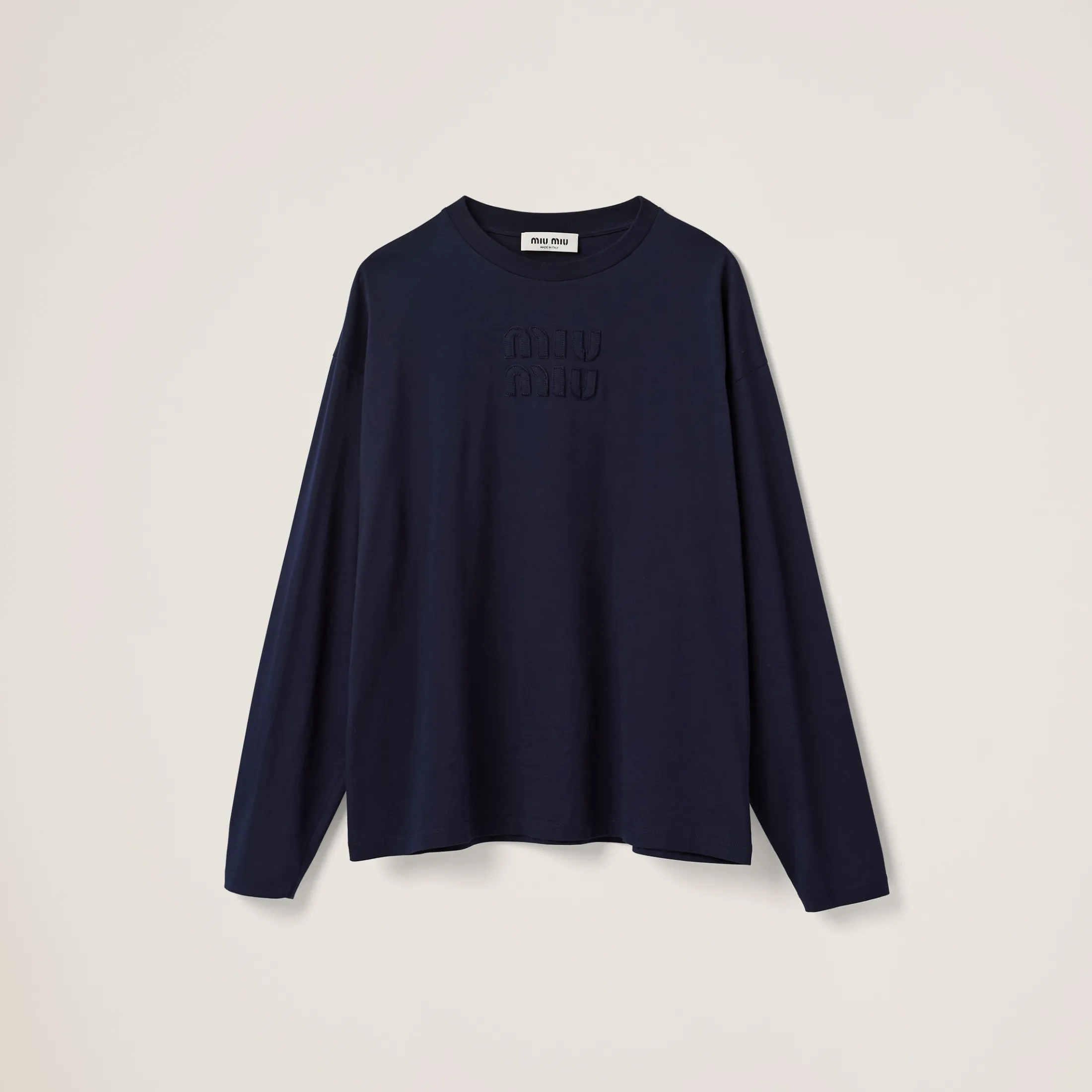 Navy Cotton T-shirt With Embroidered Logo | Miu Miu