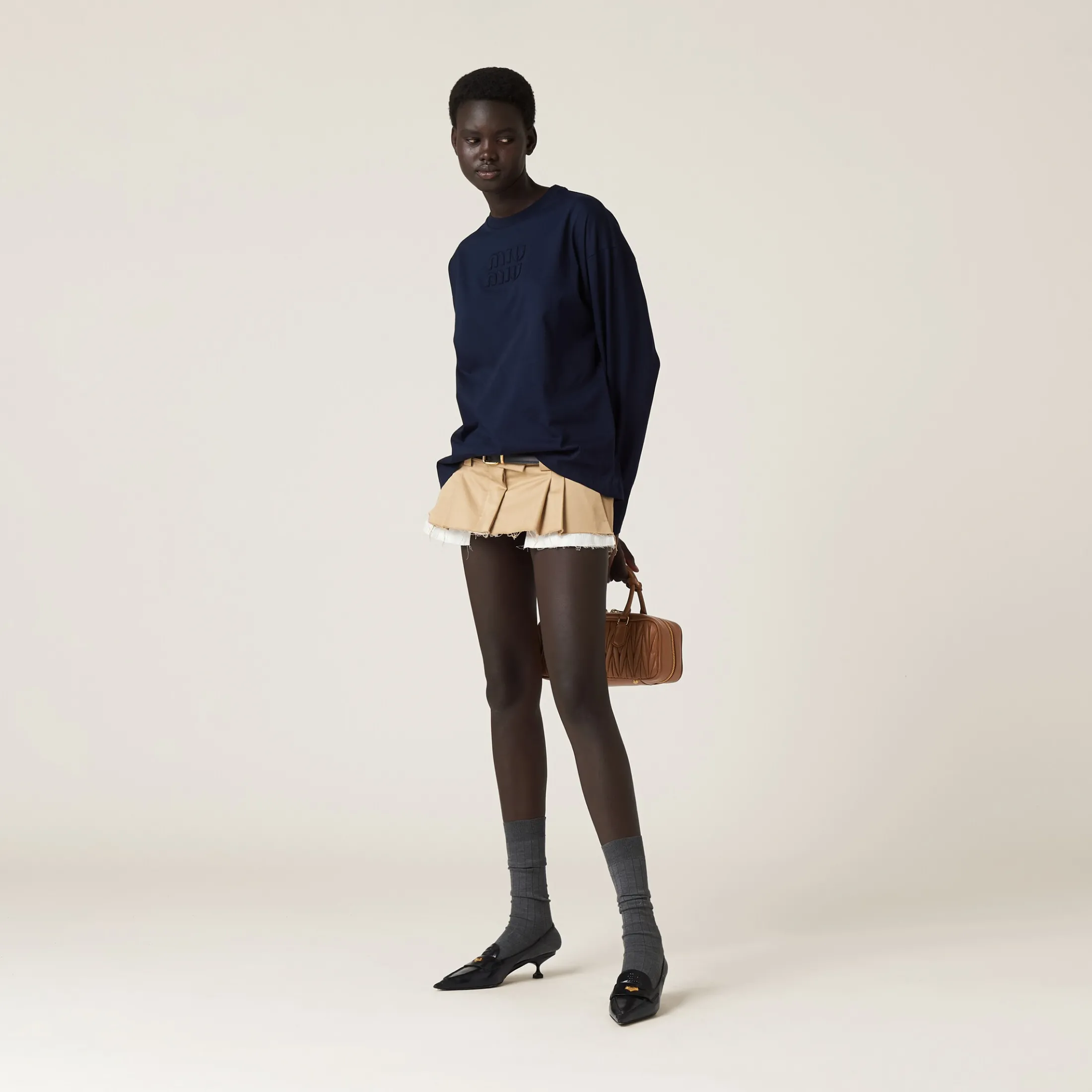 Navy Cotton T-shirt With Embroidered Logo | Miu Miu