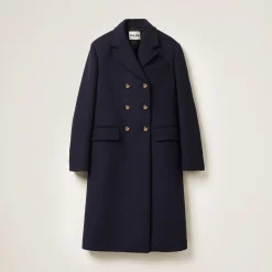 Navy Double-breasted Cloth Coat | Miu Miu