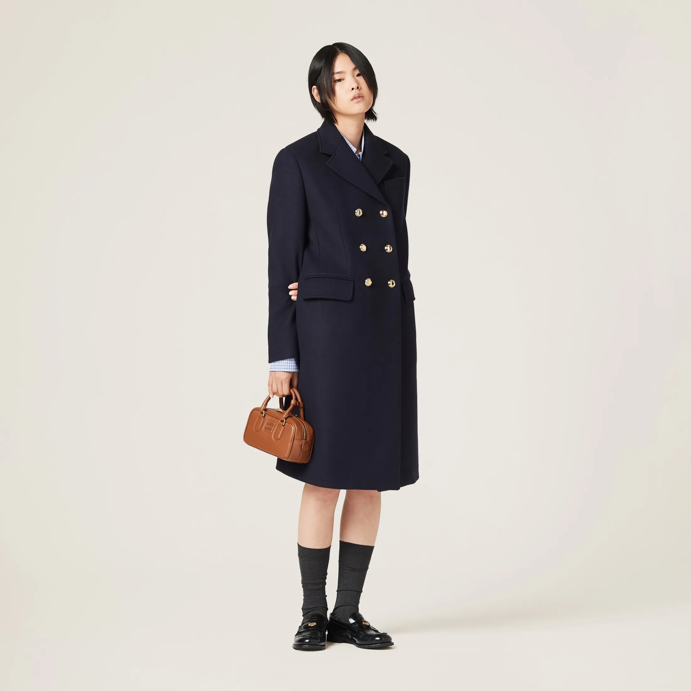 Navy Double-breasted Cloth Coat | Miu Miu