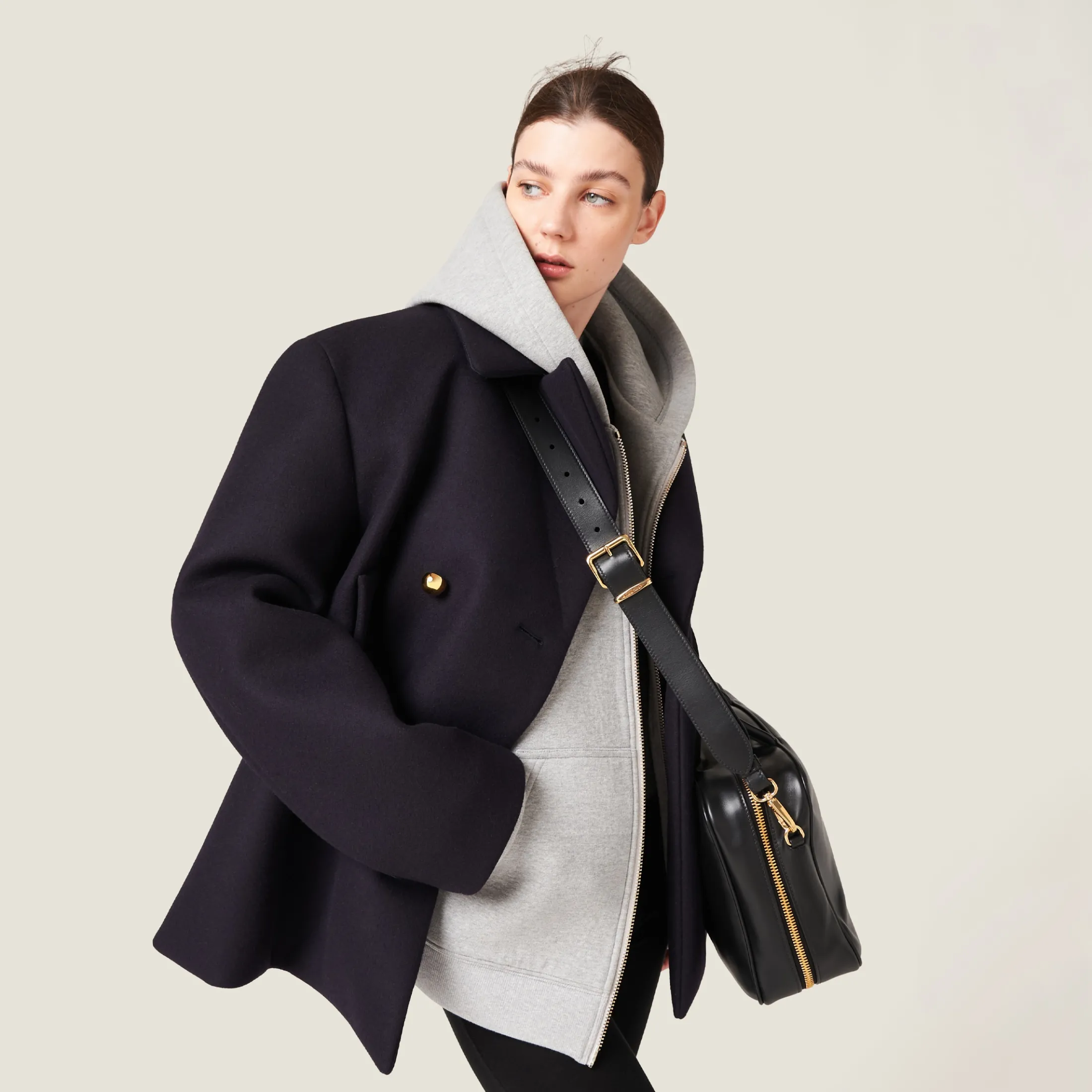 Navy Double-breasted Cloth Peacoat Jacket | Miu Miu