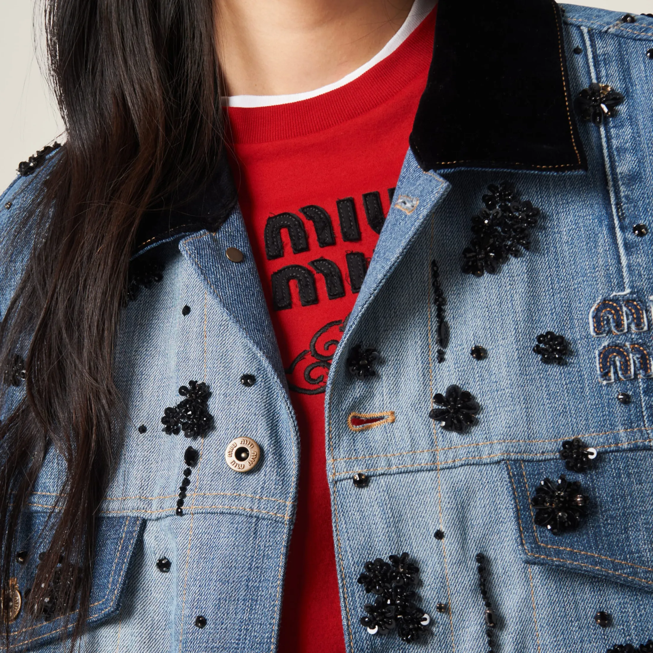 Navy Embellished Denim Trucker Vest | Miu Miu