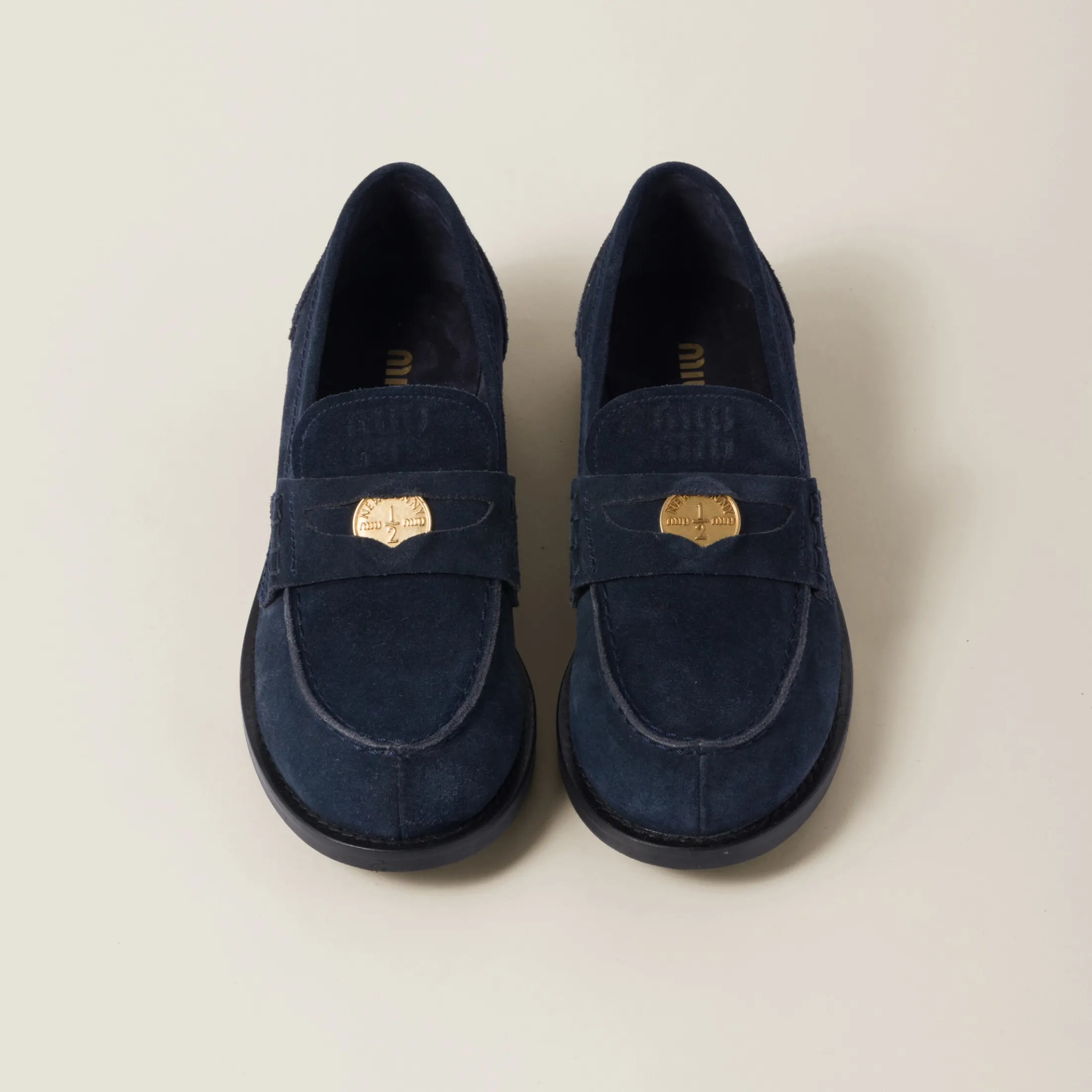 Navy Faded Suede Loafers | Miu Miu