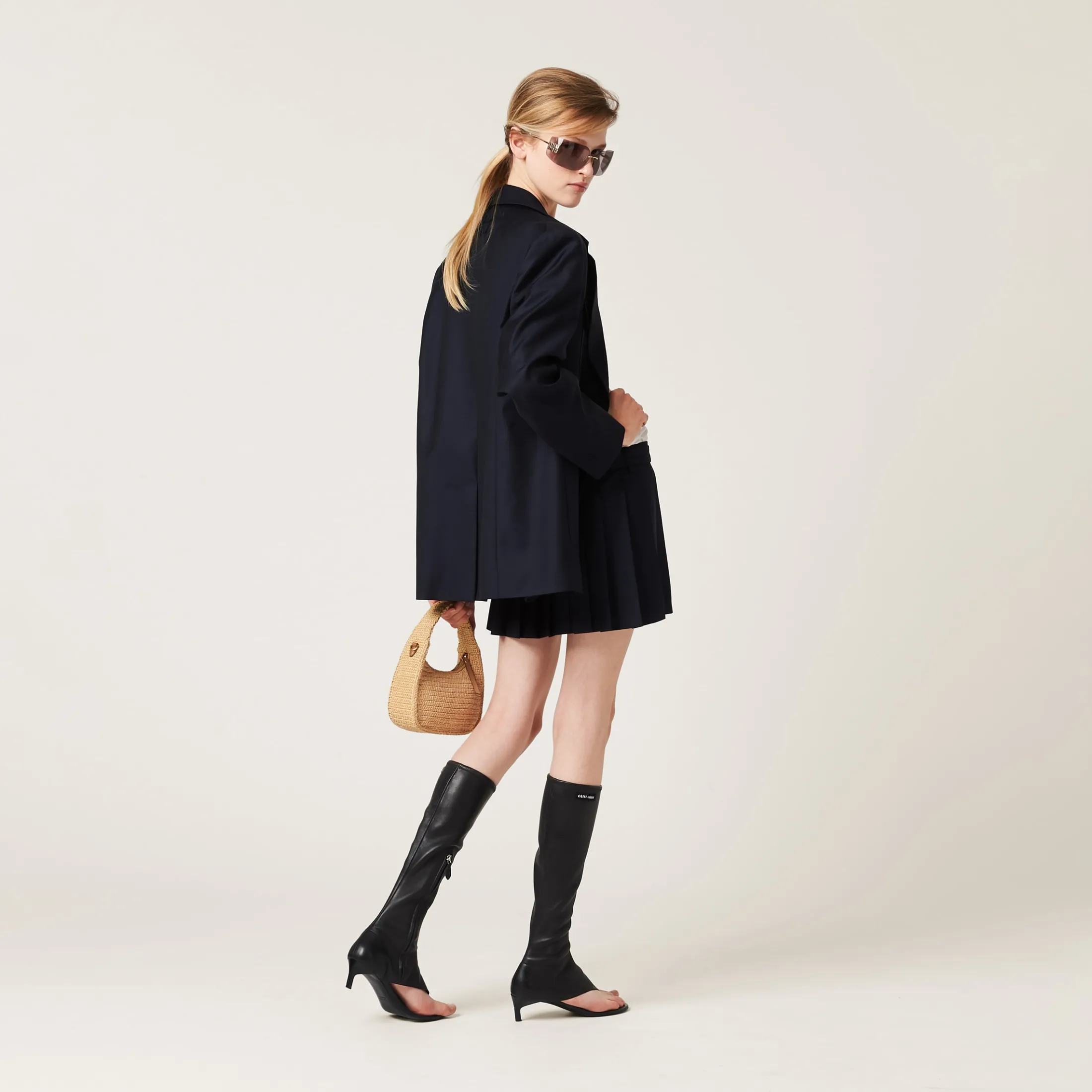 Navy Pleated Batavia Miniskirt | Miu Miu